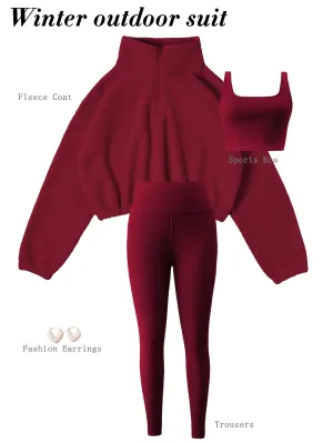 3pcs Maroon Fleece-Lined Yoga Outfit Set