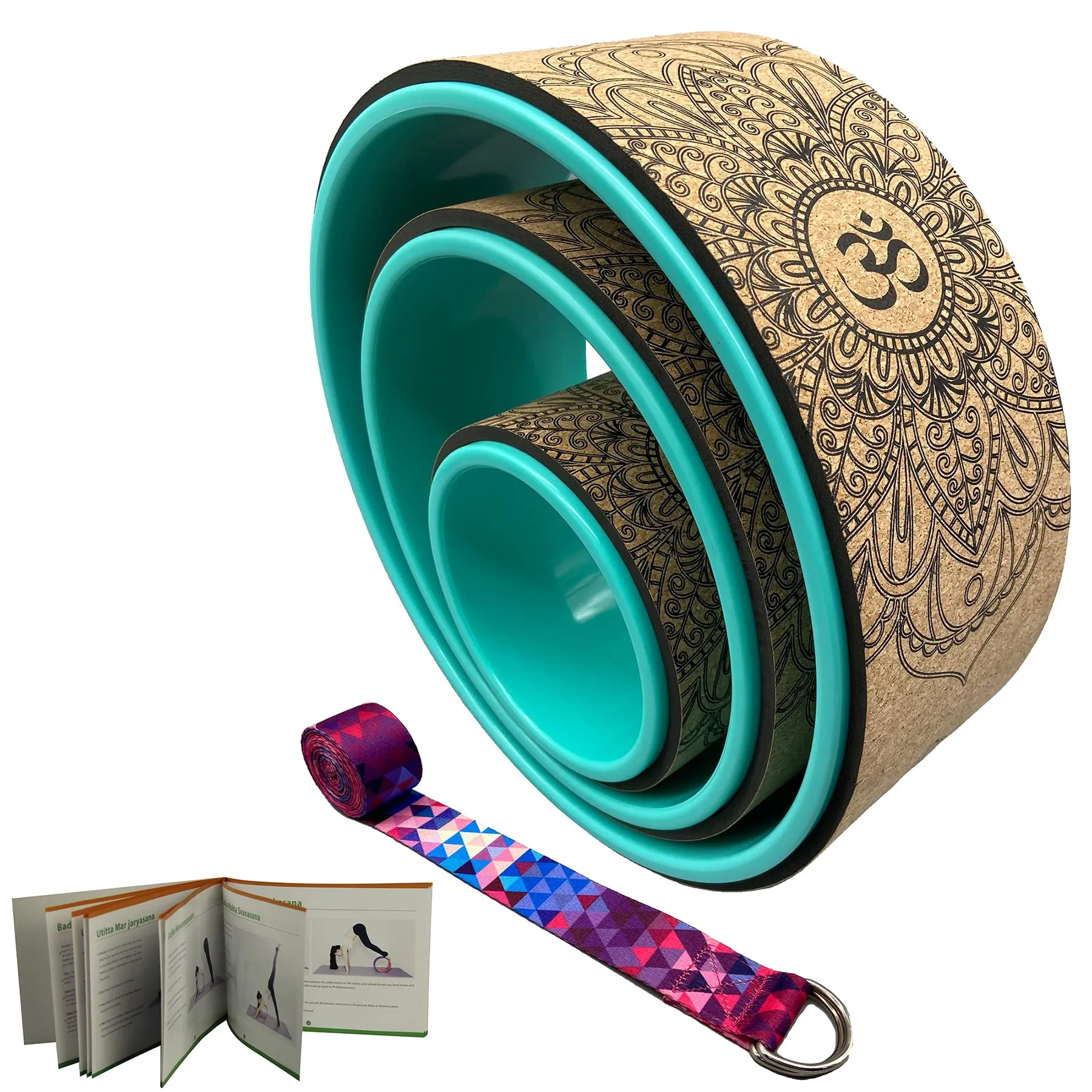 Aozora Yoga Wheel 13" with Most Detailed Book Step by Step Guide on How to Do 30  Poses,! Perfect for Stretching and Improving Backbends (3 Pack - 6, 10 & 13" -Cork/Turquoise  strap)
