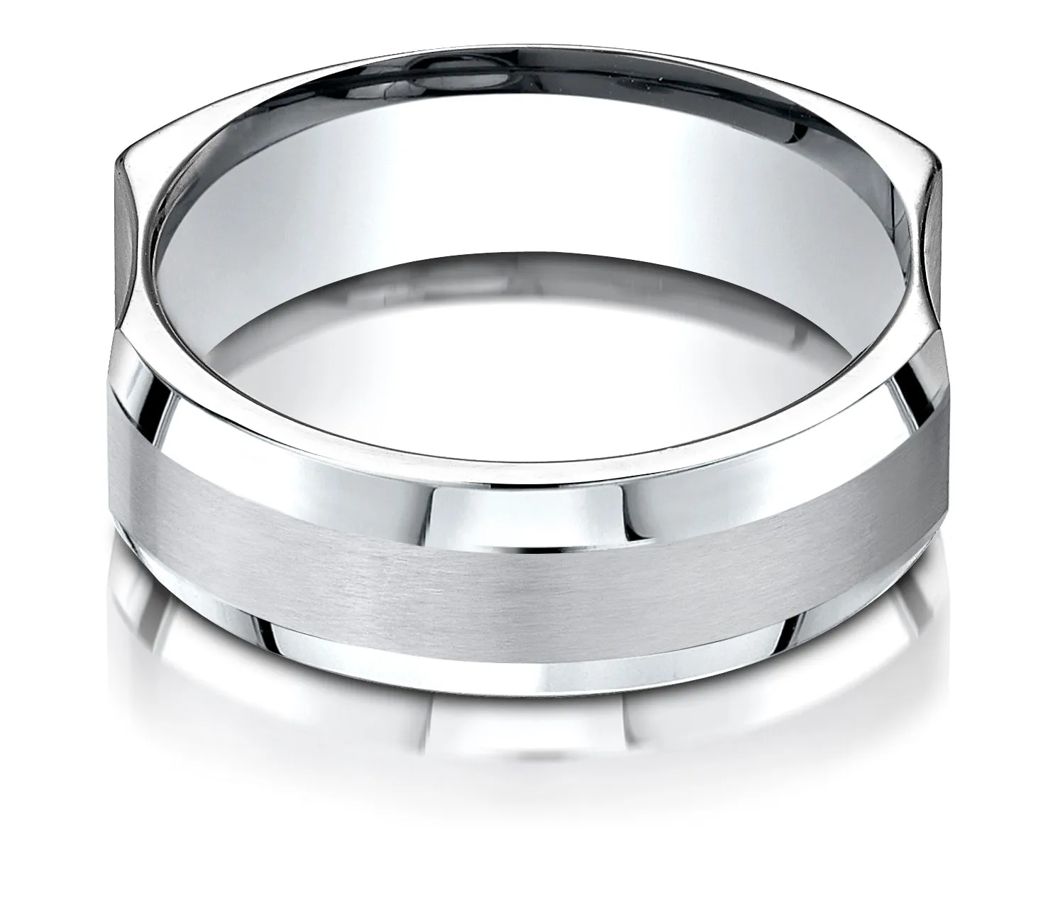 Benchmark 14K White Gold 7mm Ergonomic Comfort-Fit Satin Finish w/  High Polish Beveled Edge Design Ring