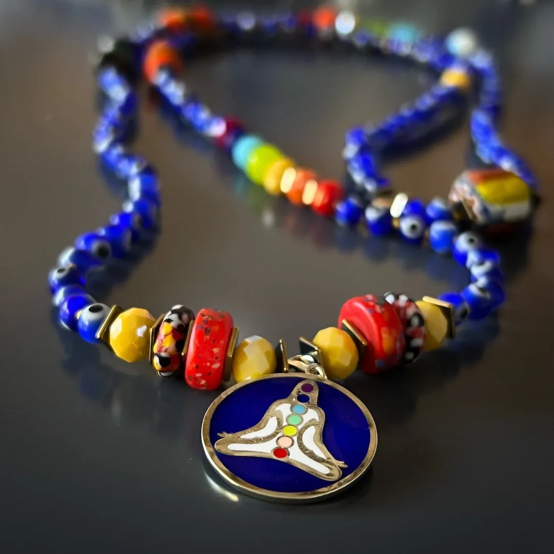 Chakra Colors Meditation Pendant Evil Eye Beaded Mala Necklace