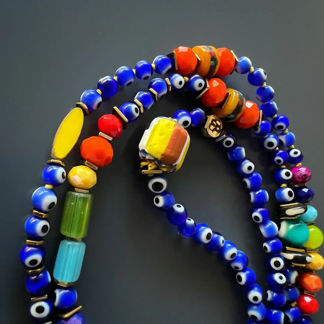 Chakra Colors Meditation Pendant Evil Eye Beaded Mala Necklace
