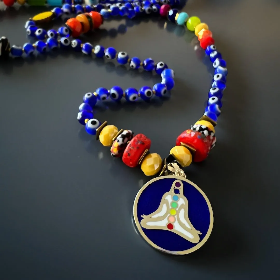 Chakra Colors Meditation Pendant Evil Eye Beaded Mala Necklace