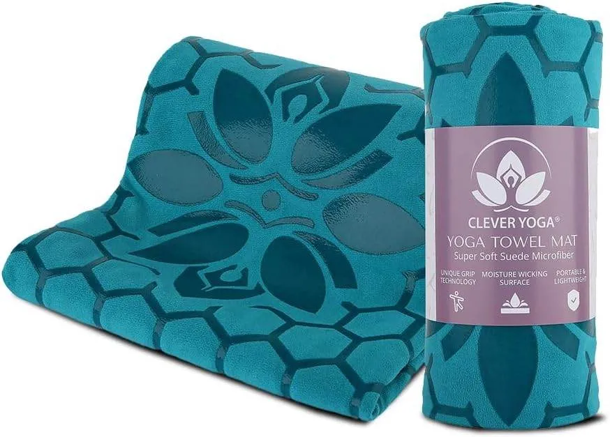 Clever Yoga Non-Slip Hot Yoga Towel Mat - Sweat Absorbent Microfiber Suede & Double Sided Grip Hot Yoga Mat Towel with Honeycomb Design, Easy Portable for Pilates, Exercise, Workout - Dark Blue