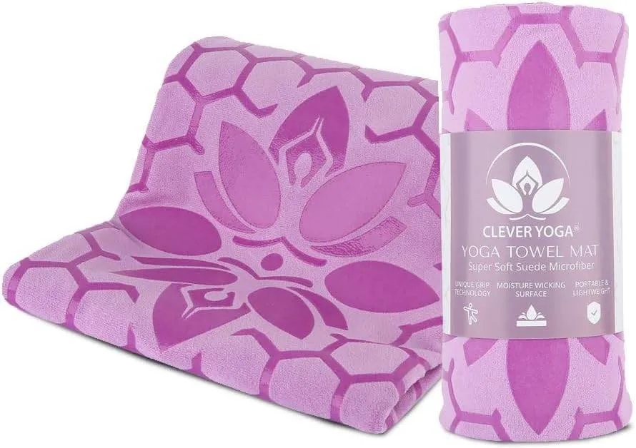 Clever Yoga Non-Slip Hot Yoga Towel Mat - Sweat Absorbent Microfiber Suede & Double Sided Grip Hot Yoga Mat Towel with Honeycomb Design, Easy Portable for Pilates, Exercise, Workout - Dark Blue