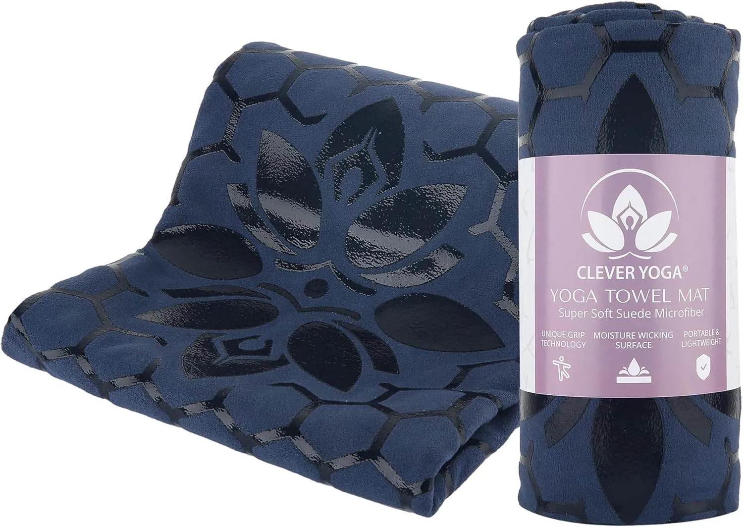 Clever Yoga Non-Slip Hot Yoga Towel Mat - Sweat Absorbent Microfiber Suede & Double Sided Grip Hot Yoga Mat Towel with Honeycomb Design, Easy Portable for Pilates, Exercise, Workout - Dark Blue