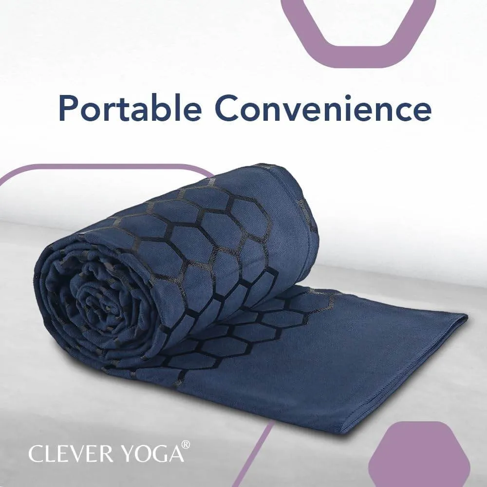 Clever Yoga Non-Slip Hot Yoga Towel Mat - Sweat Absorbent Microfiber Suede & Double Sided Grip Hot Yoga Mat Towel with Honeycomb Design, Easy Portable for Pilates, Exercise, Workout - Dark Blue