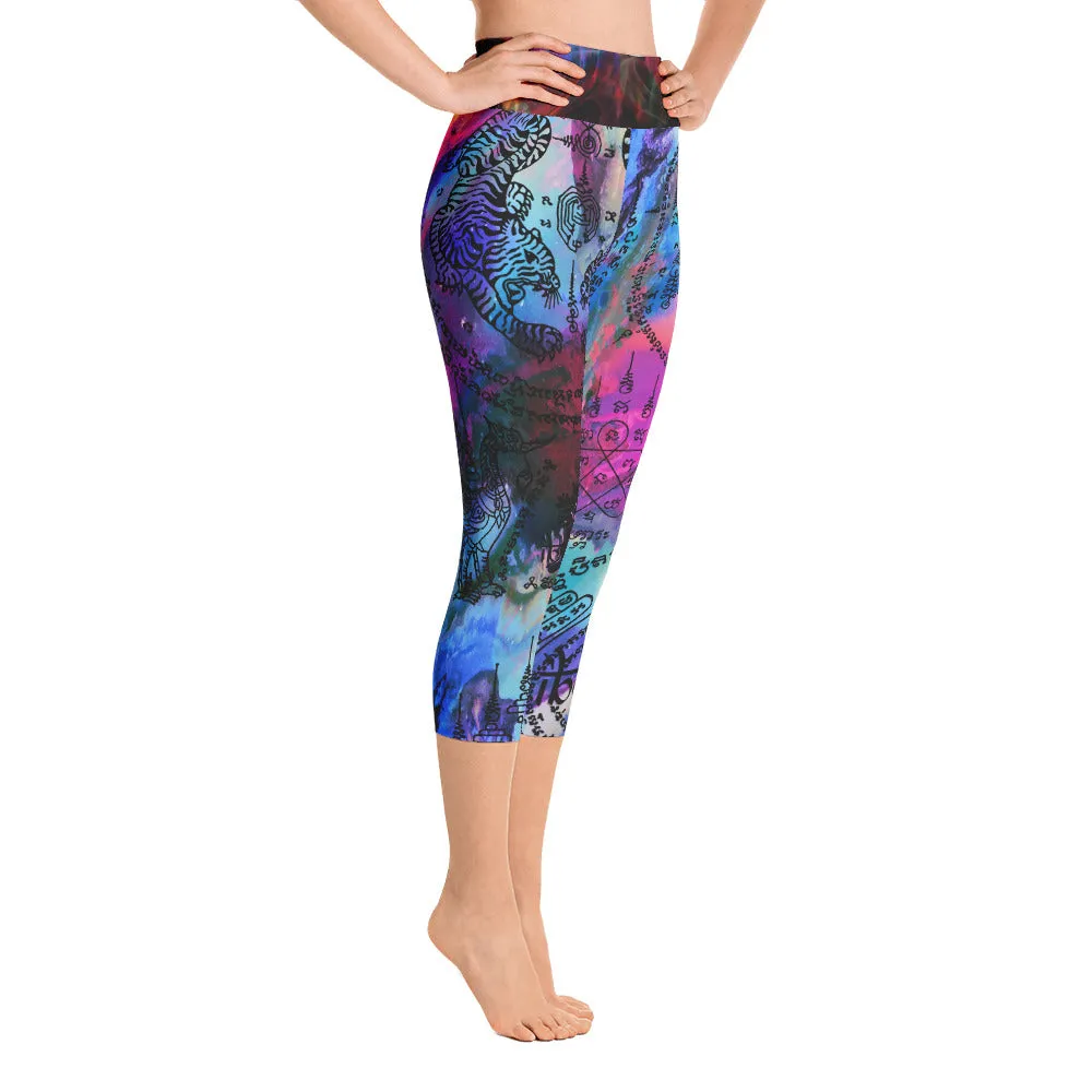 Covered with Thai Buddhist Tattoos Colorful Yoga Capri Leggings