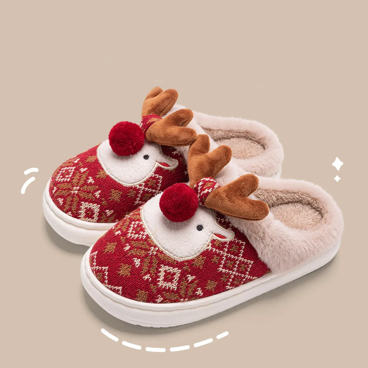 Durable and Soft 3D Reindeer House Shoes with Traction Soles