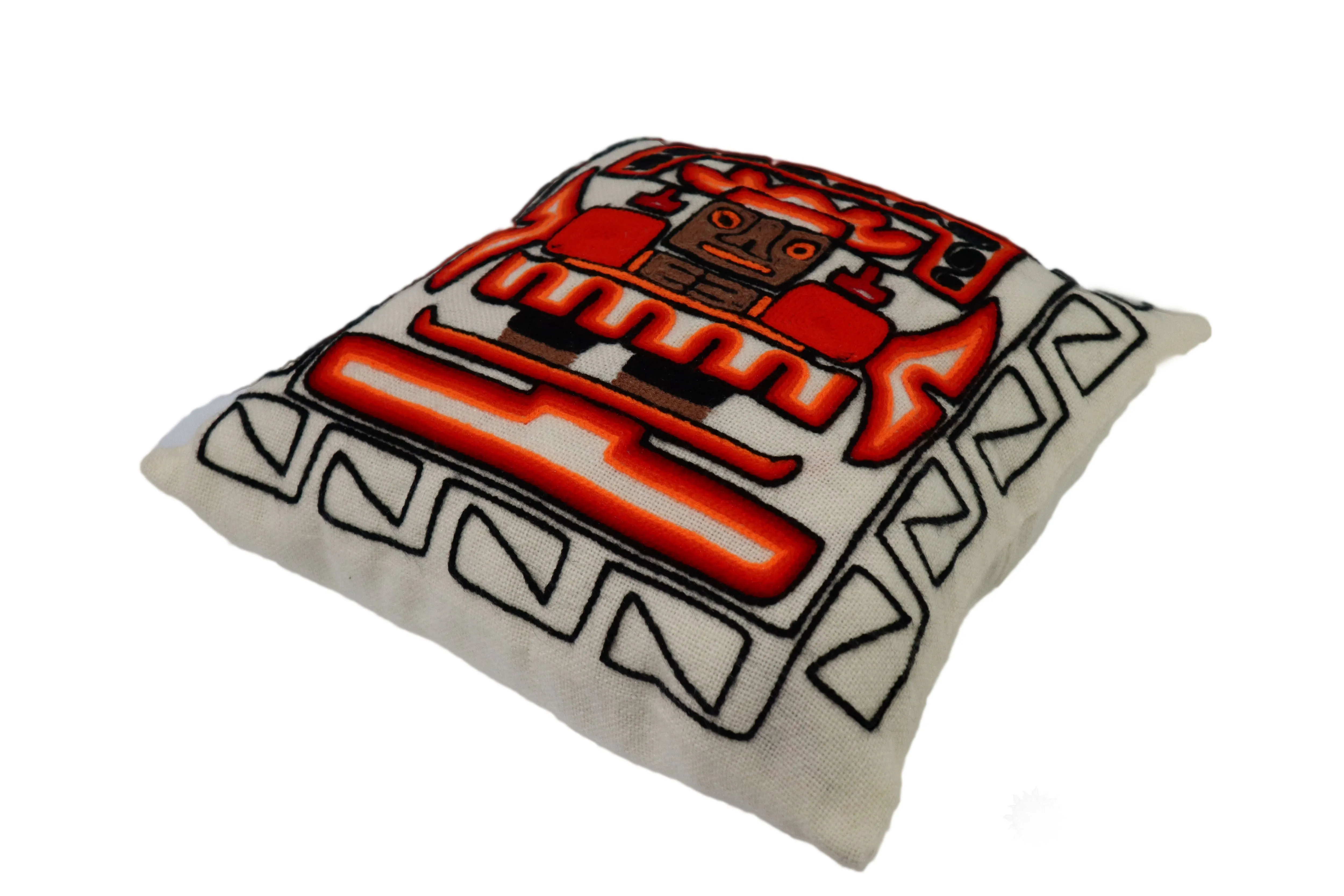 Embroidered Cushion, Pillow Cover Moche Mochica Culture Deity 16" L x 16.5" W White.