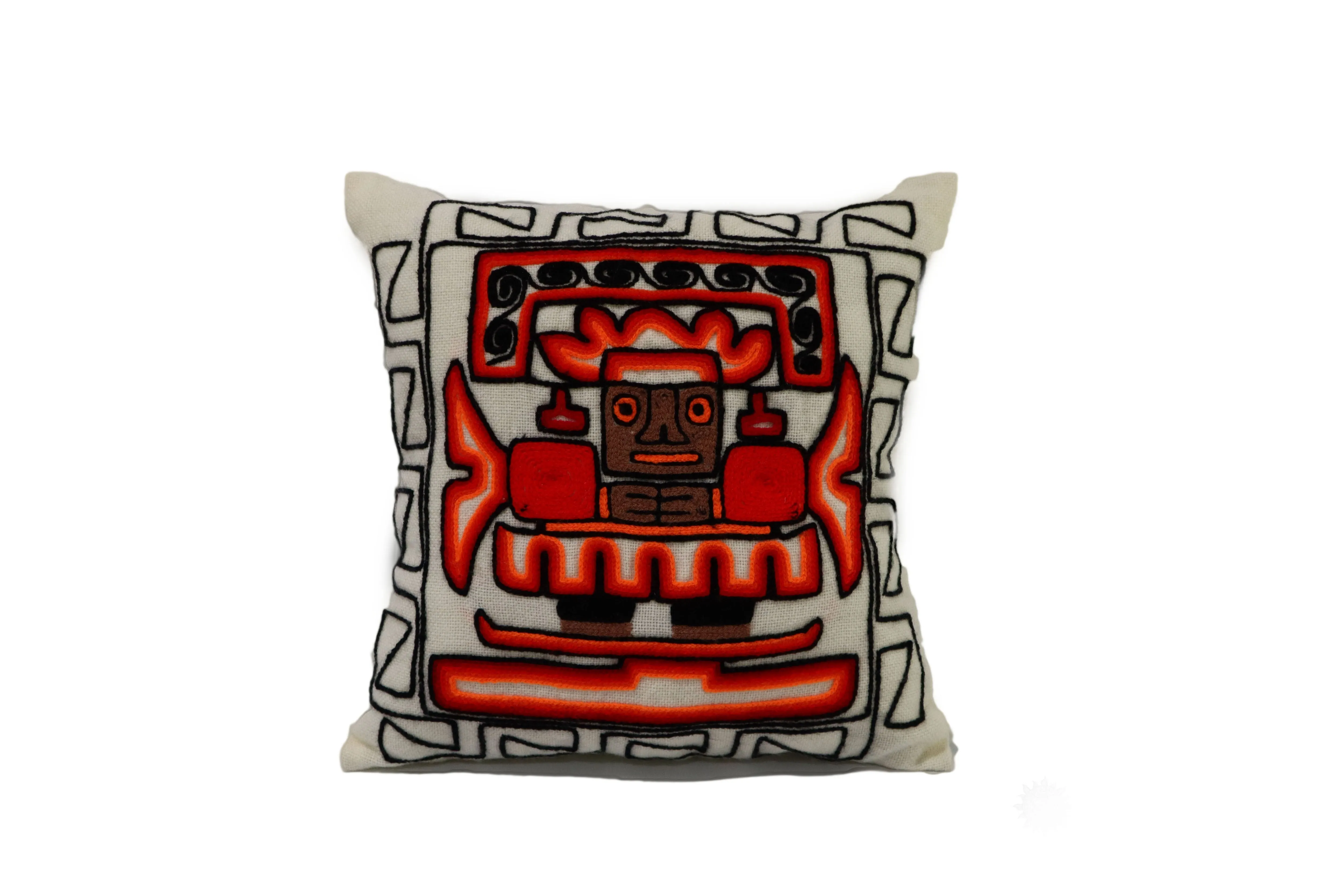 Embroidered Cushion, Pillow Cover Moche Mochica Culture Deity 16" L x 16.5" W White.
