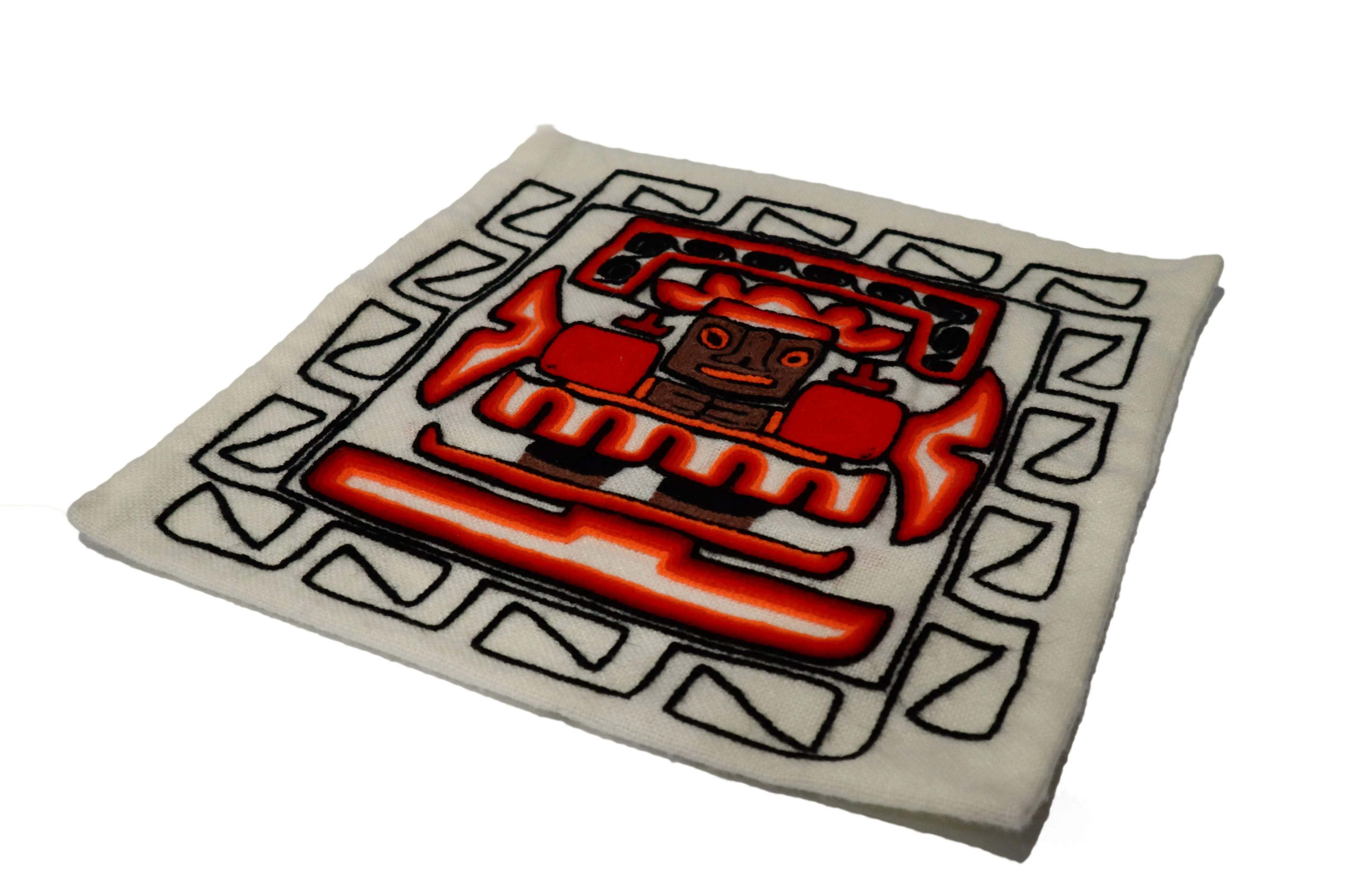 Embroidered Cushion, Pillow Cover Moche Mochica Culture Deity 16" L x 16.5" W White.