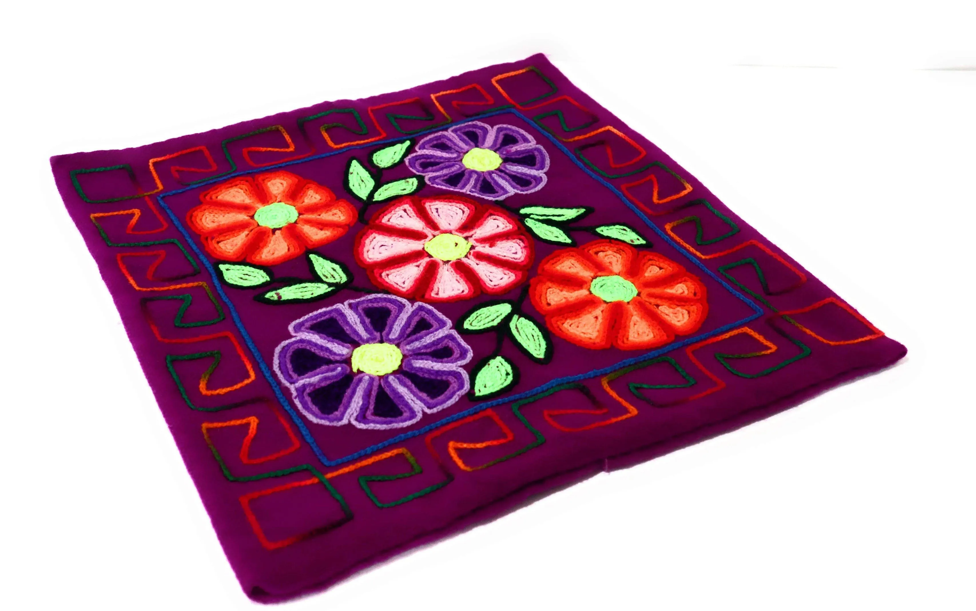 Embroidered Cushion, Pillow Cover with Dahlias Flowers. 16.75" L x 16.25" W Purple.