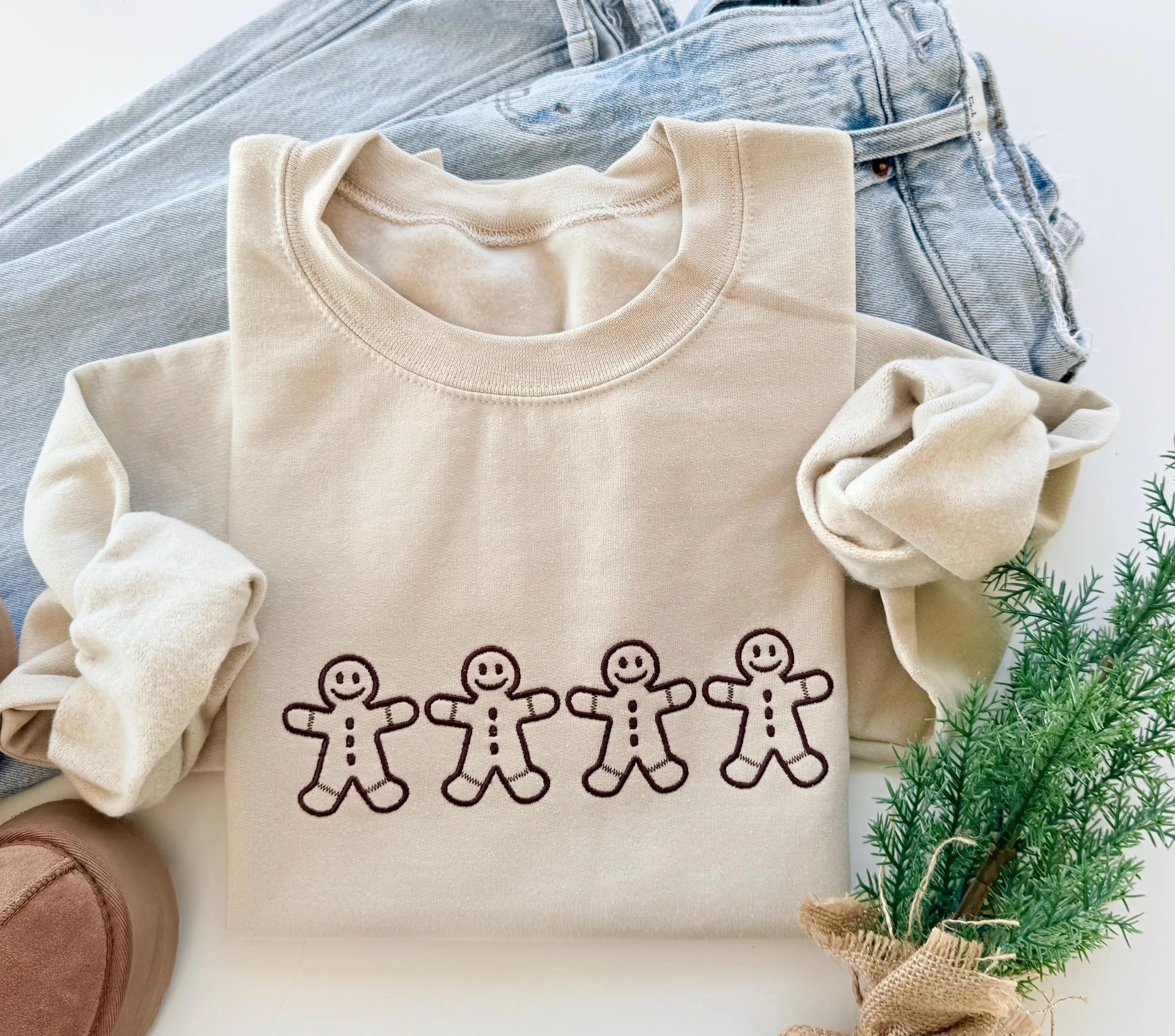 Embroidered Gingerbread Men Christmas Sweatshirt for Women – Festive Holiday Baking Sweater