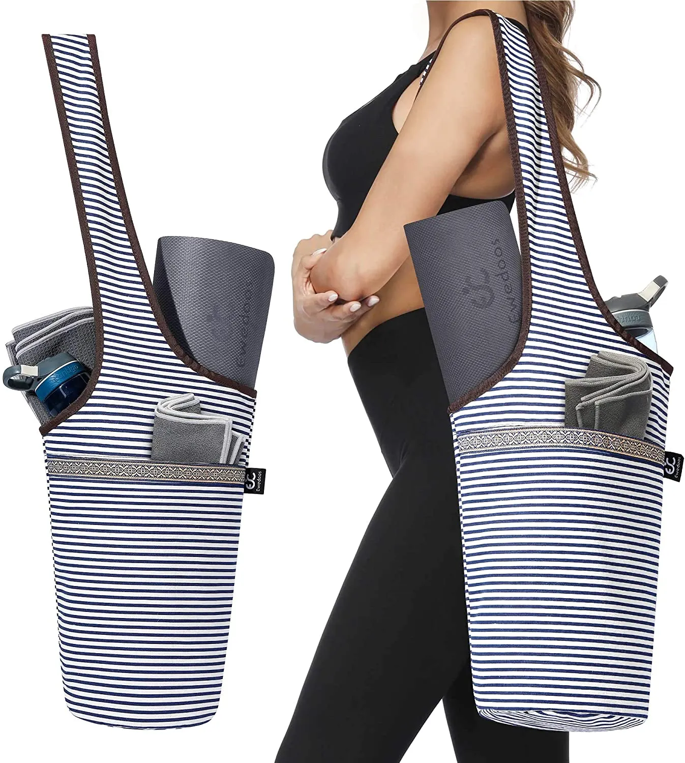 Ewedoos - Bolsa para tapete de yoga con bolsillo grande y bolsillo con cremallera, se adapta a la mayoría de tamaños