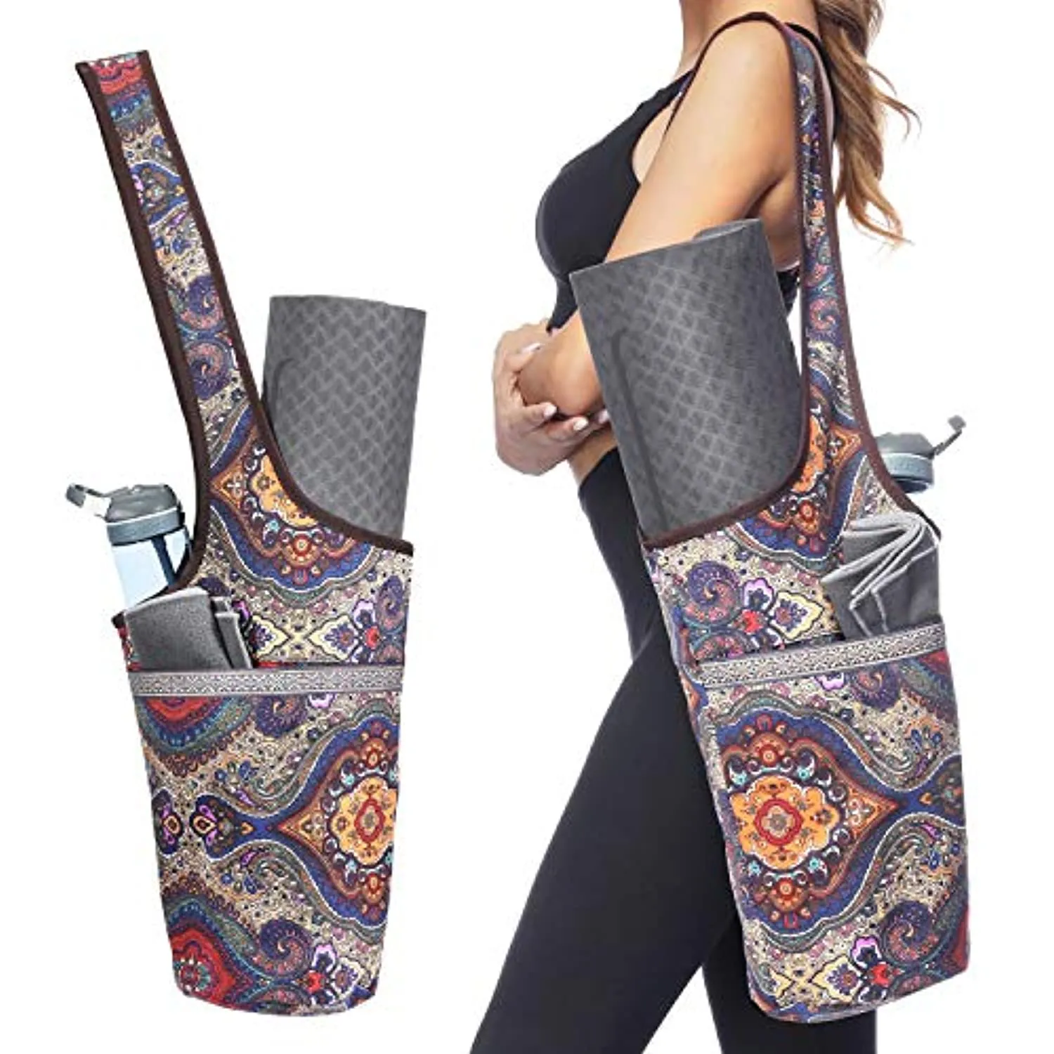 Ewedoos - Bolsa para tapete de yoga con bolsillo grande y bolsillo con cremallera, se adapta a la mayoría de tamaños