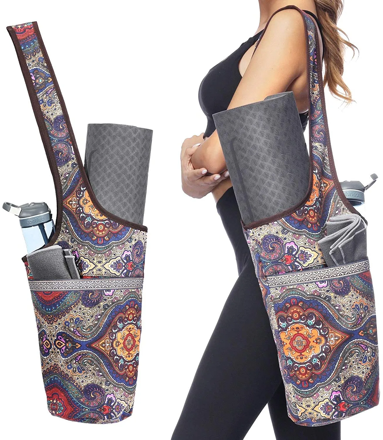 Ewedoos - Bolsa para tapete de yoga con bolsillo grande y bolsillo con cremallera, se adapta a la mayoría de tamaños