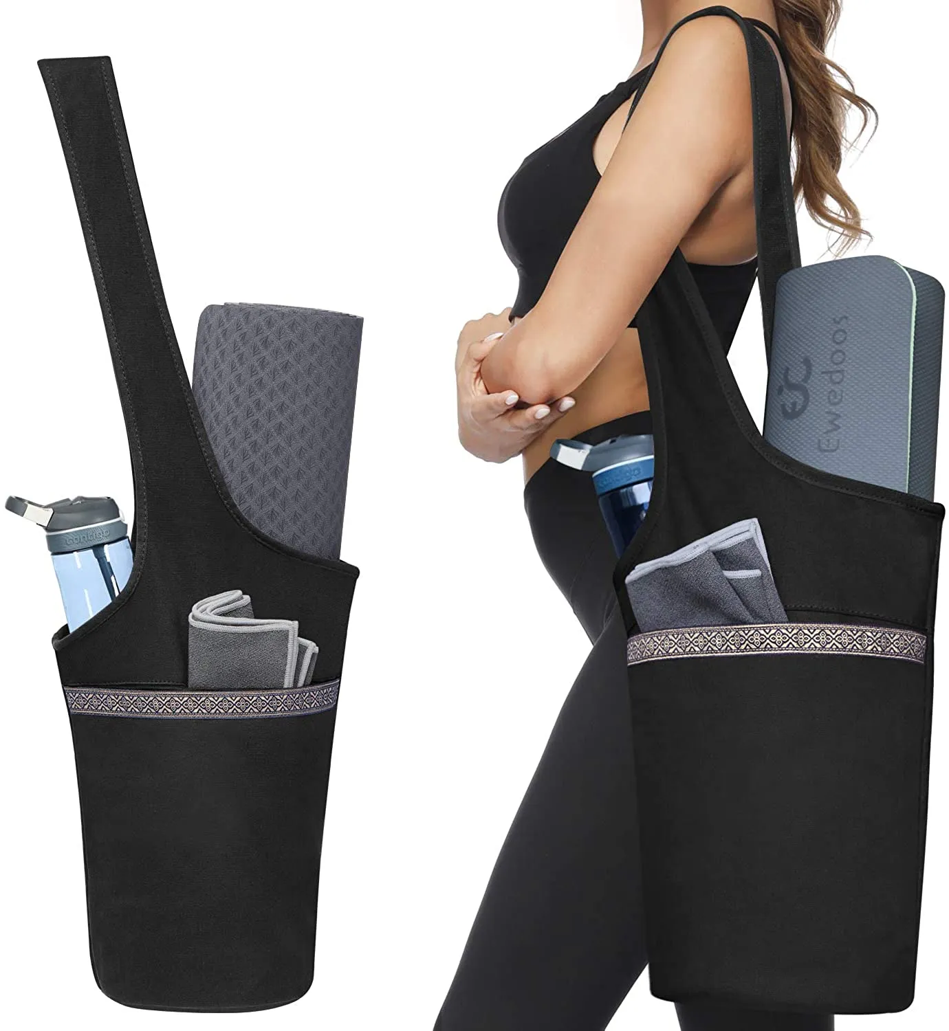 Ewedoos - Bolsa para tapete de yoga con bolsillo grande y bolsillo con cremallera, se adapta a la mayoría de tamaños