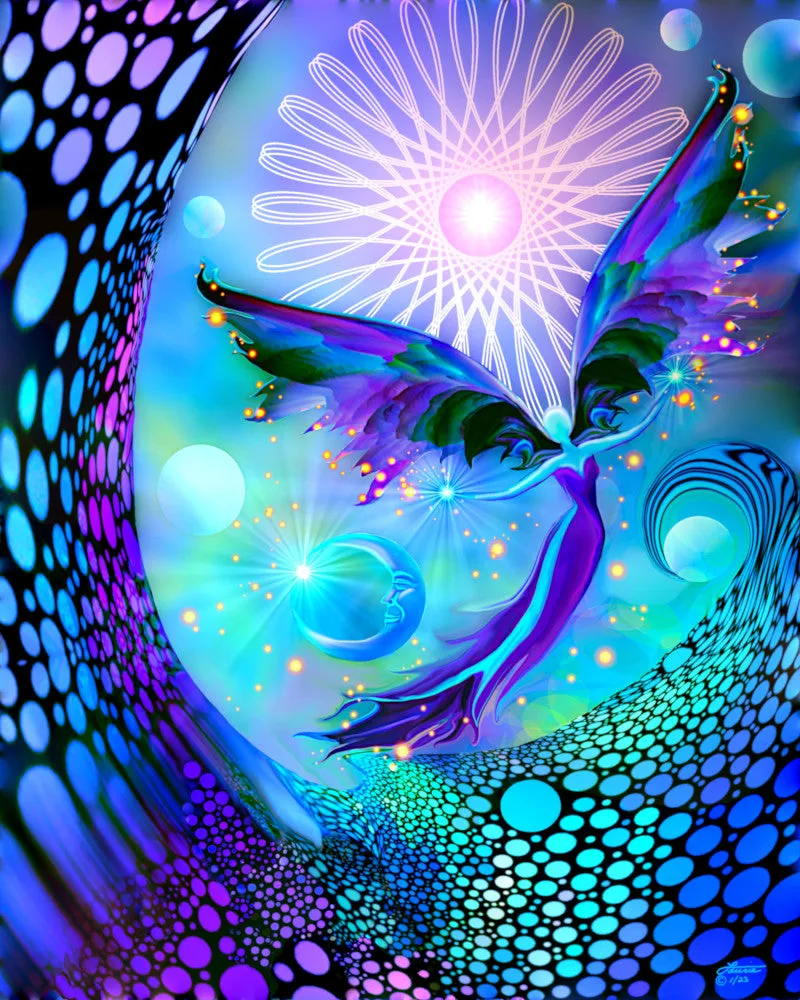 Fantasy Fairy Art, Blue Purple Green Wall Decor, Crown Chakra Angel Artwork - "The Divine Light"