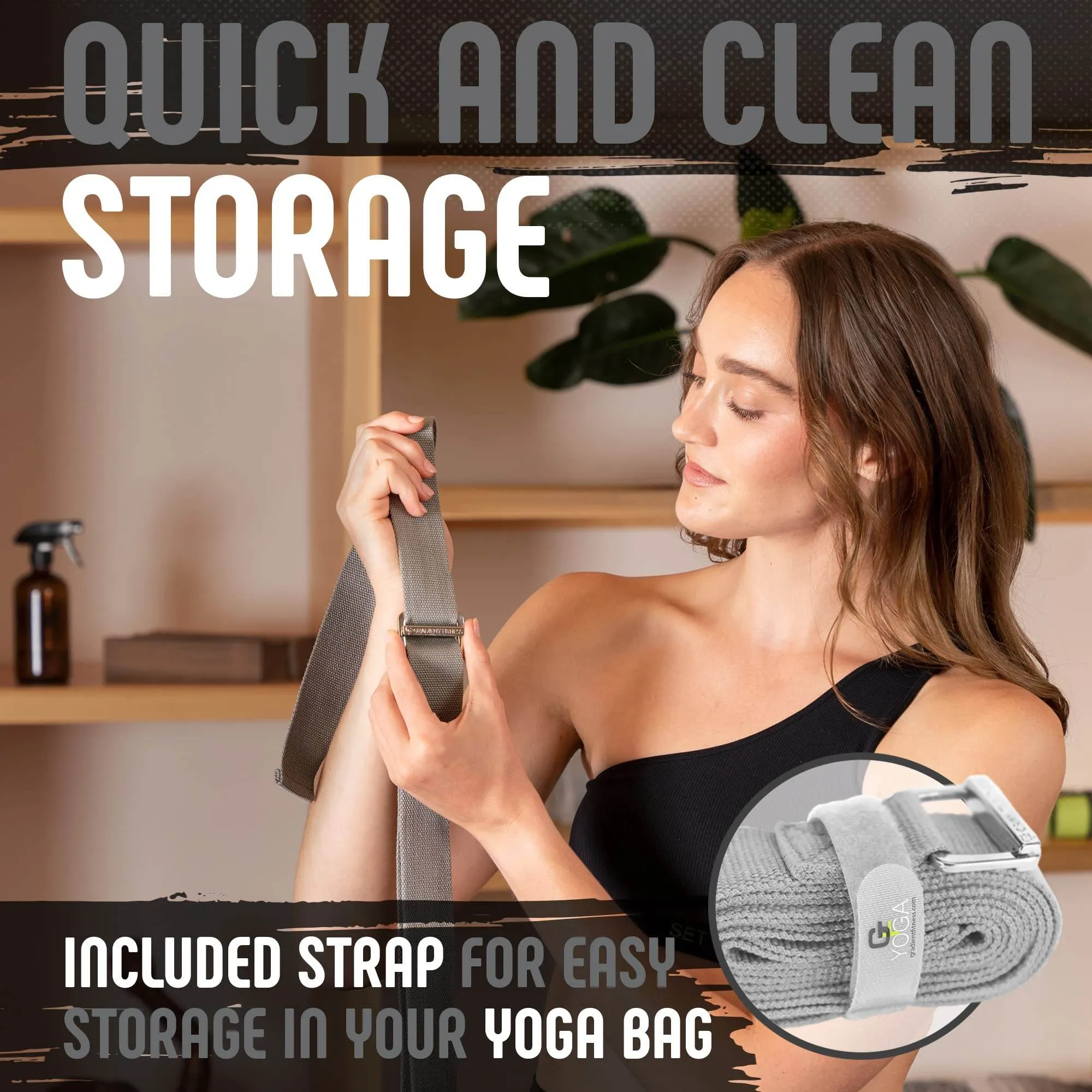 Gradient Fitness Yoga Strap, Friction-Less Easy-Feed Buckle, Yoga Straps for Stretching, Super Soft Cotton/Polyester Blend Webbing, Yoga band, Free eGuide. (8 Feet) Gray