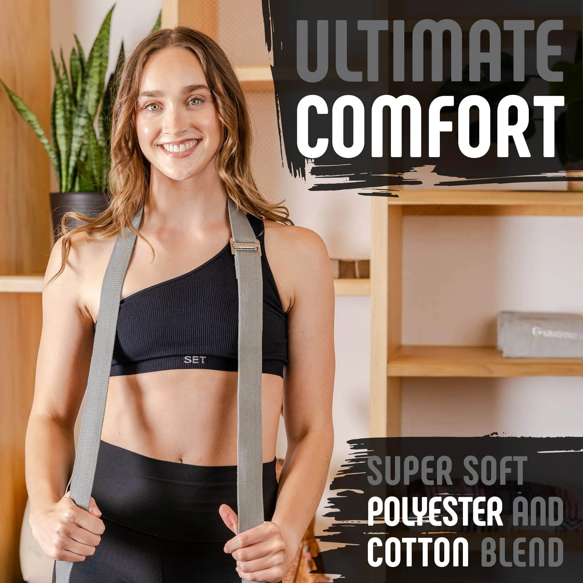Gradient Fitness Yoga Strap, Friction-Less Easy-Feed Buckle, Yoga Straps for Stretching, Super Soft Cotton/Polyester Blend Webbing, Yoga band, Free eGuide. (8 Feet) Gray