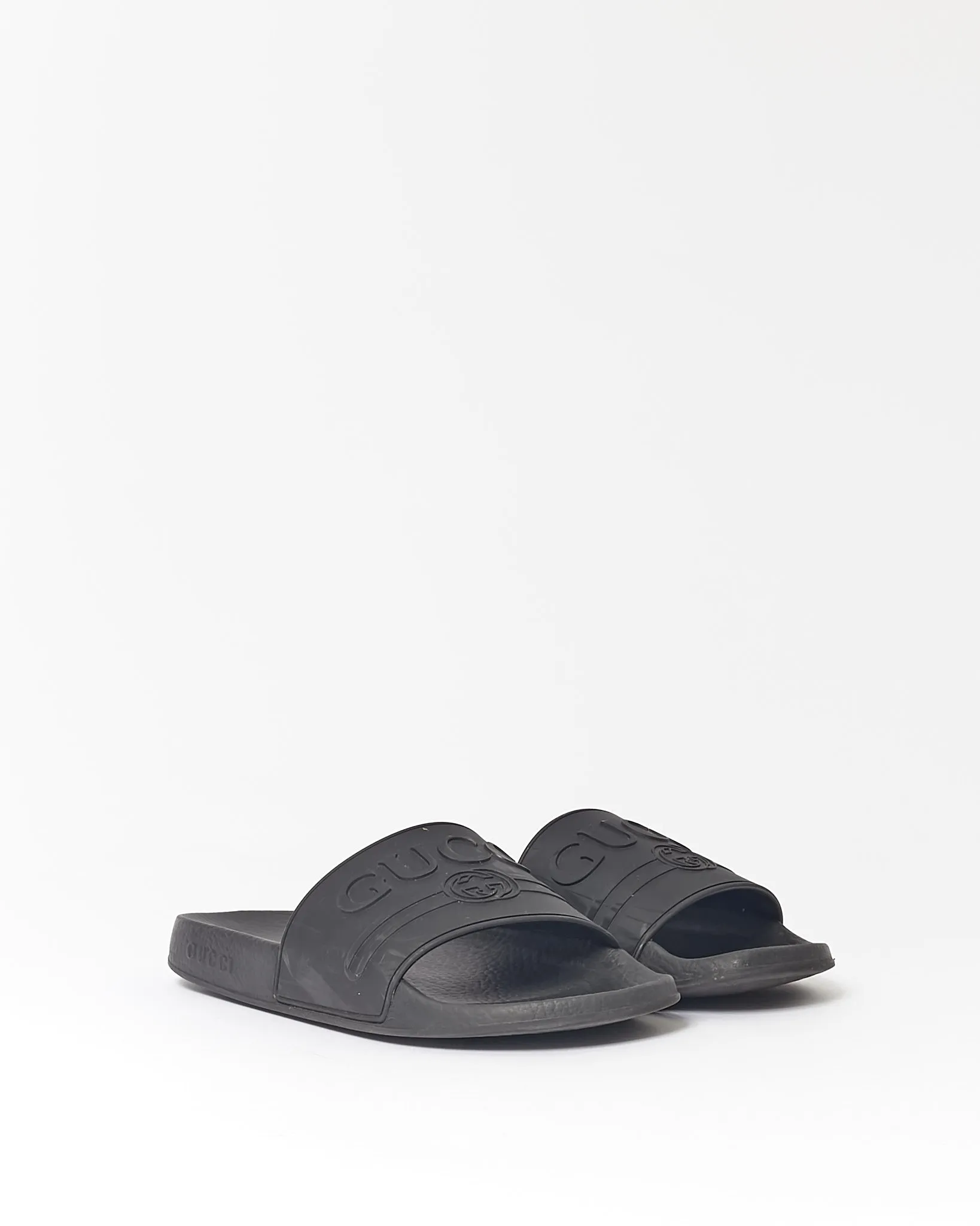 Gucci Black Rubber Logo Pool Slides - 40