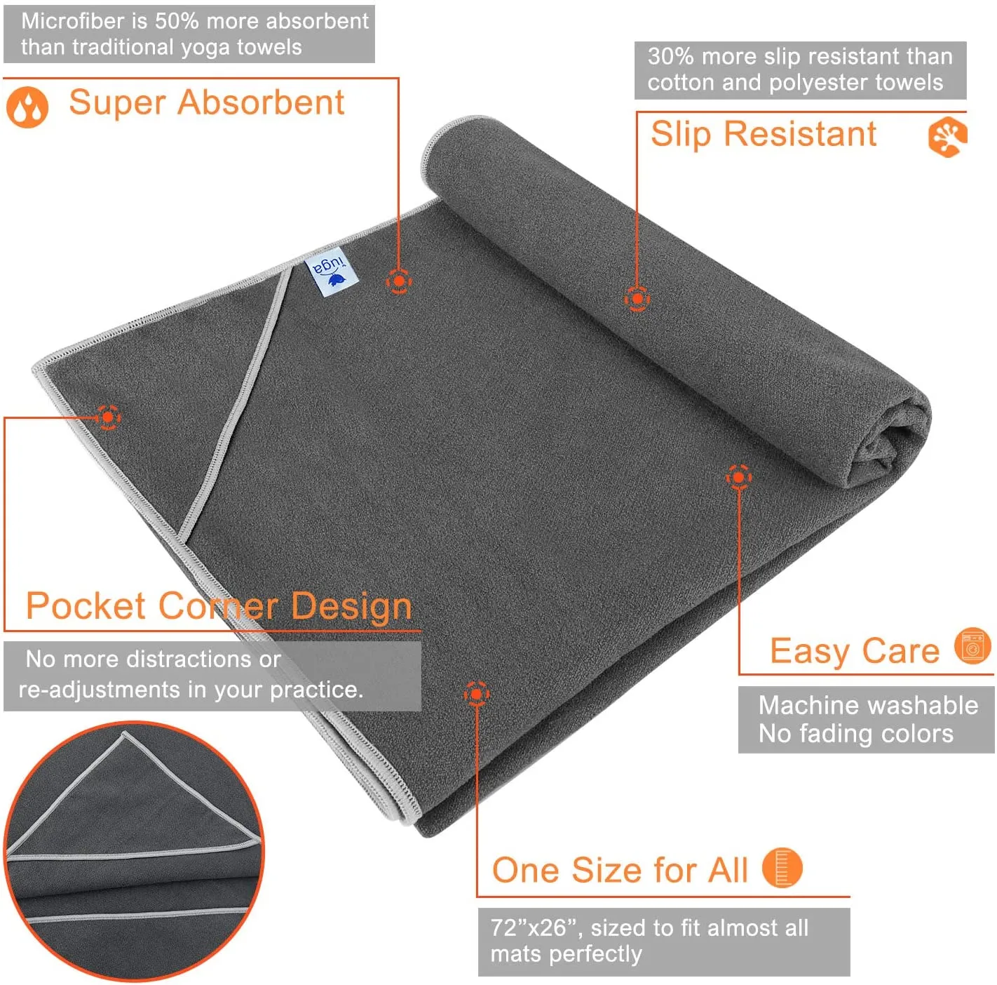IUGA juego de toalla gruesa y caliente para yoga   toalla de mano (2 en 1), con bolsillos en las esquinas para prevenir resbalones, 100% microfibra, extra grande, antiderrapante, muy absorbente y de secado rápido 72x26 pulgadas