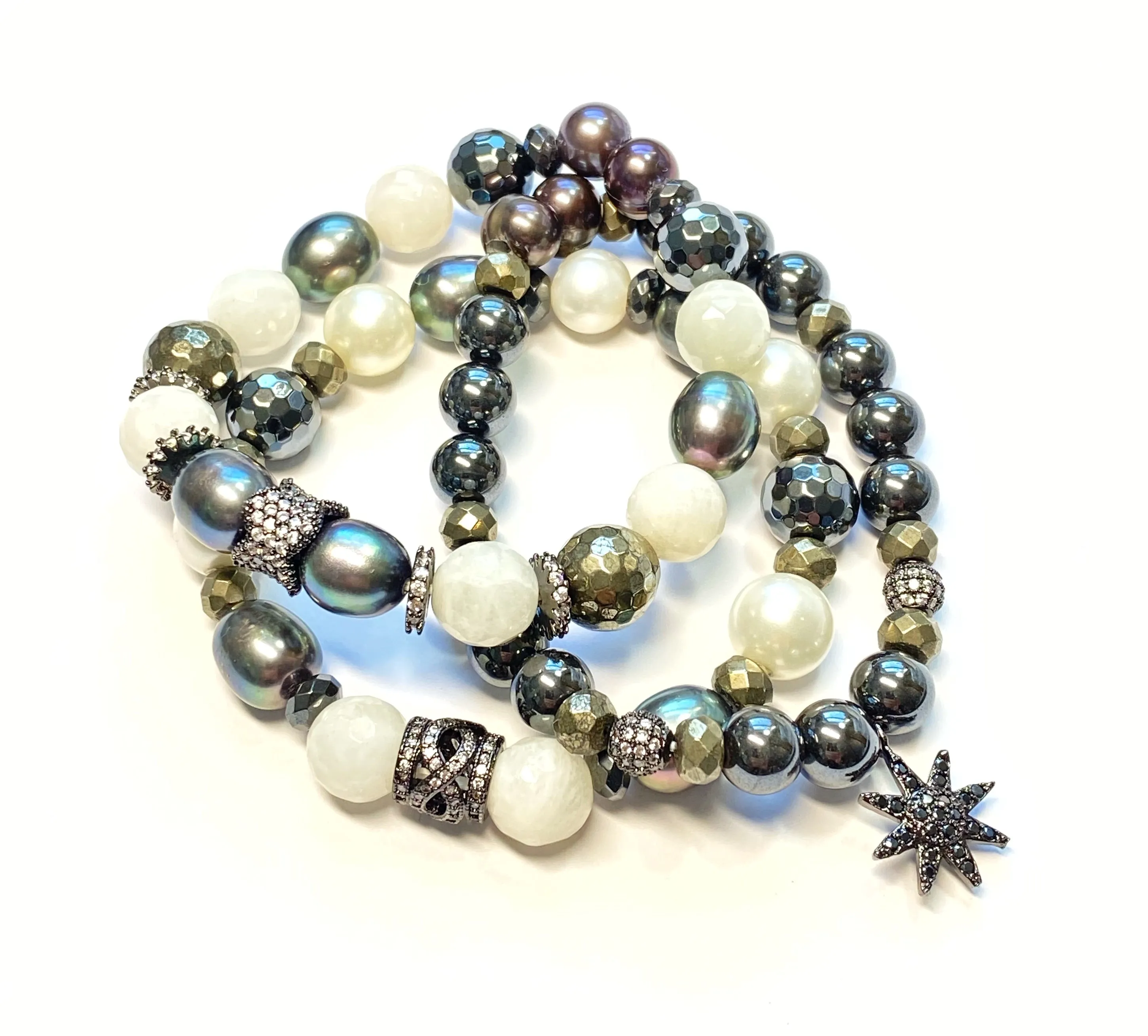 Ivory Peacock Pearl Stretch Layering Bracelets