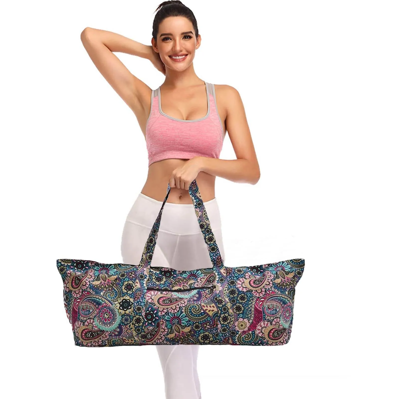 IwIeIaIrI Flower Pattern zipper yoga Mat Bag Duffle Bag Large Multipurpose Exercise Yoga Mat Bag and Yoga Mat tote bag Strap Zipper Pockets