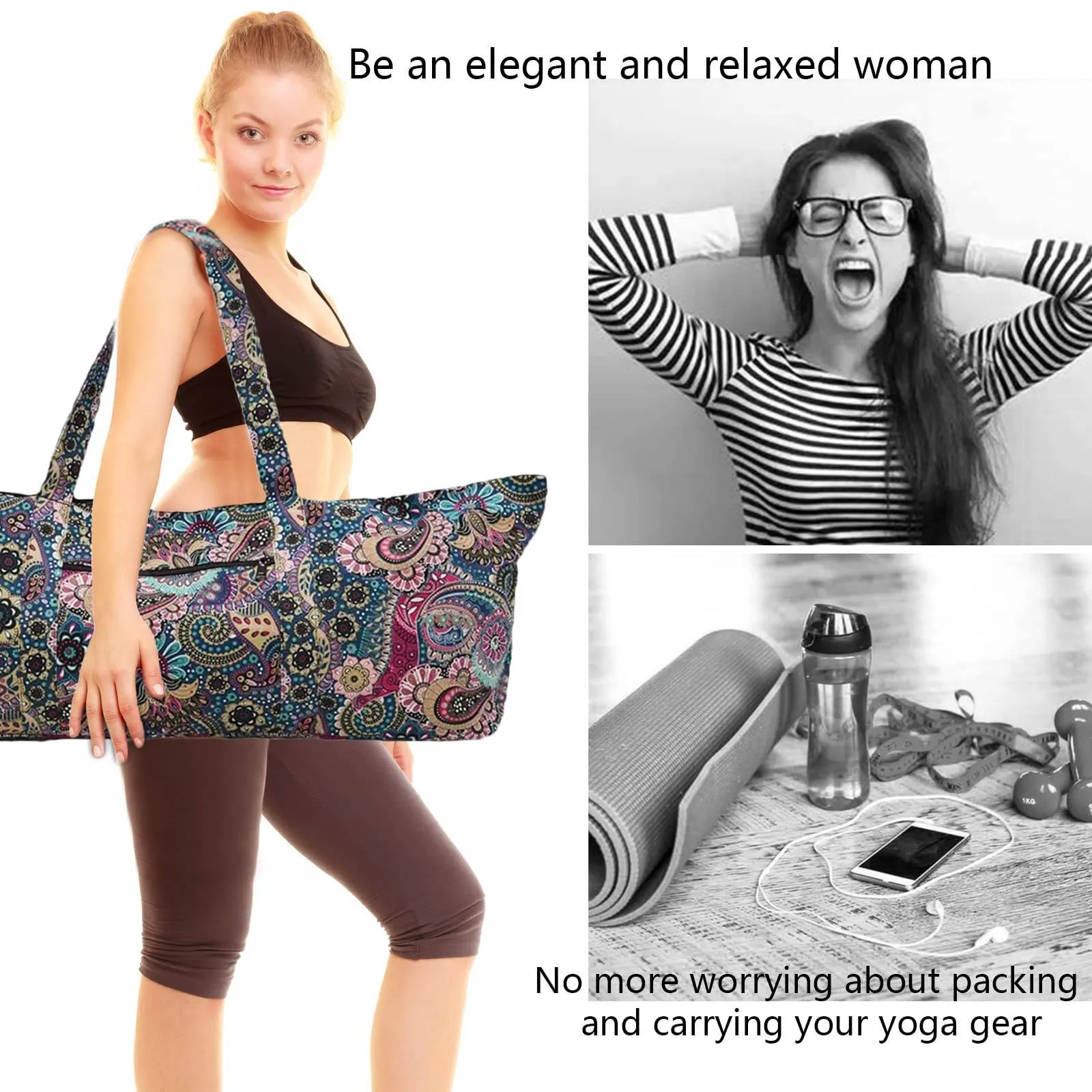 IwIeIaIrI Flower Pattern zipper yoga Mat Bag Duffle Bag Large Multipurpose Exercise Yoga Mat Bag and Yoga Mat tote bag Strap Zipper Pockets