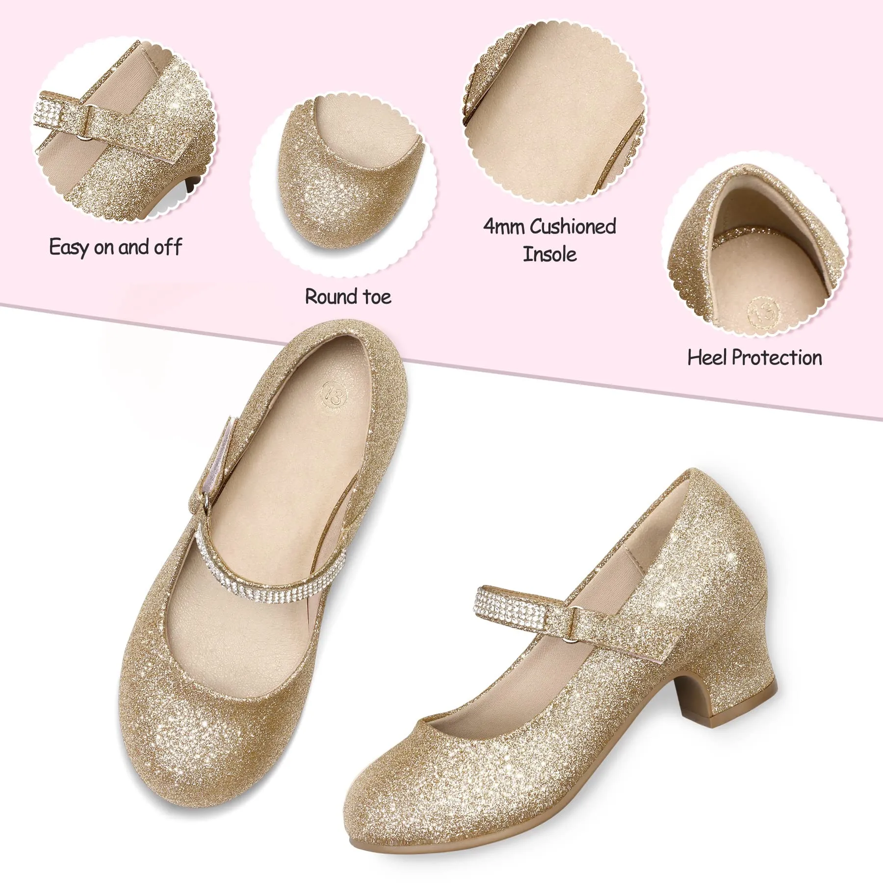 Kids Dress Shoes-Low Heel Rhinestone Lace-Up Mary Janes