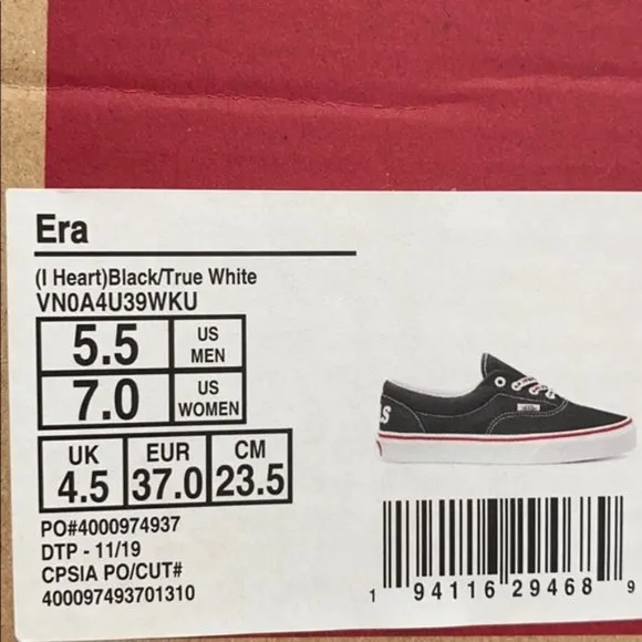 💖MEGA SALE💖VANS ERA I heart ❤️ Black Canvas Men's Size 9.5 13 VN0A4U39WKU