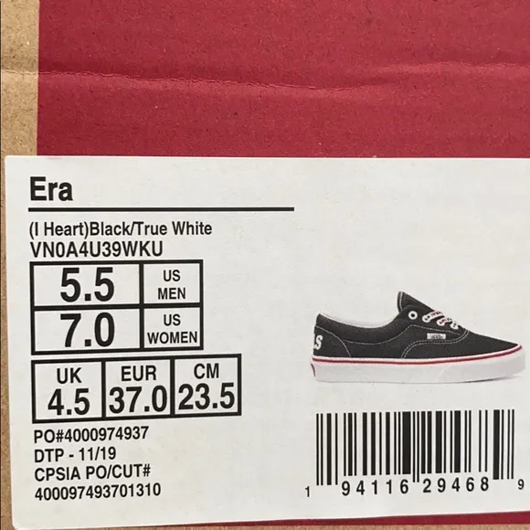 💖MEGA SALE💖VANS ERA I heart ❤️ Black Canvas Men's Size 9.5 13 VN0A4U39WKU