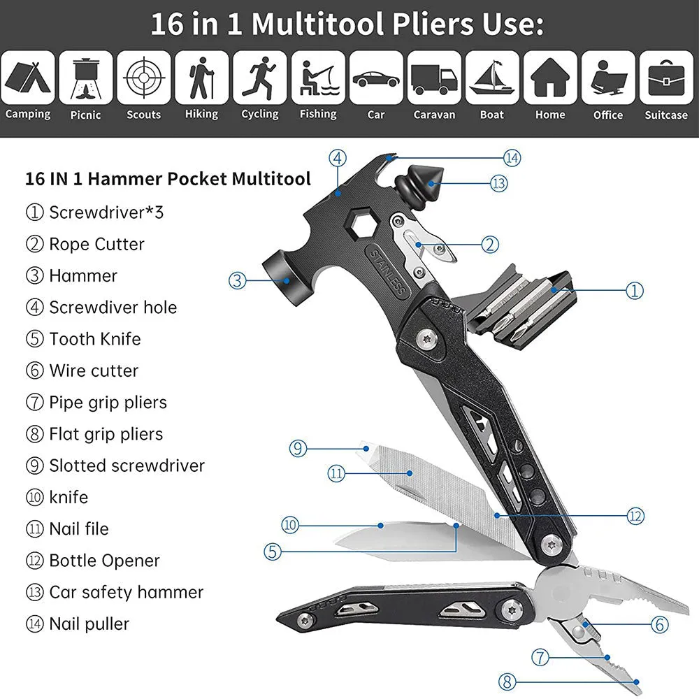 Multifunctional Survival Hammer 14 in 1 Stainless Steel Alloy Material