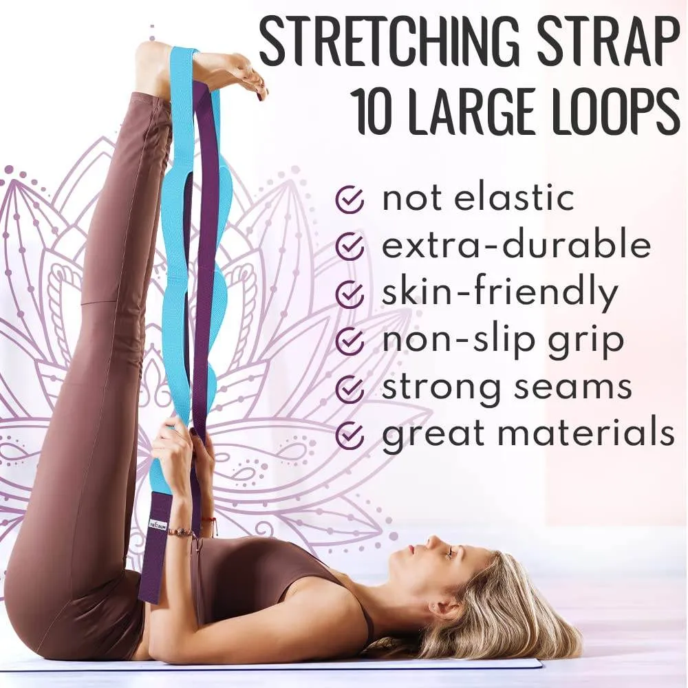 [NEW 2023] TECEUM Yoga Stretching Strap 10 Loops Non-Elastic Strap - Home Workout Stretch Strap for Physical Therapy, Yoga, Pilates plpr 1 in MB
