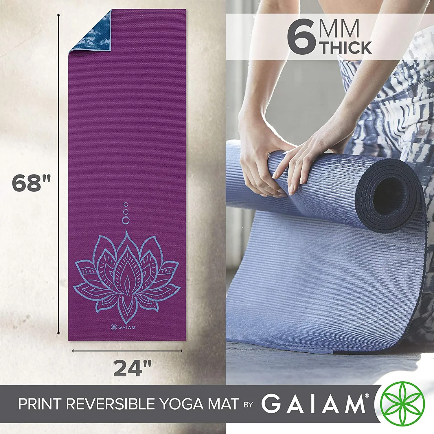 New in package! Gaiam Premium Print Reversible Yoga Mat, Purple Lotus! Retails $52 