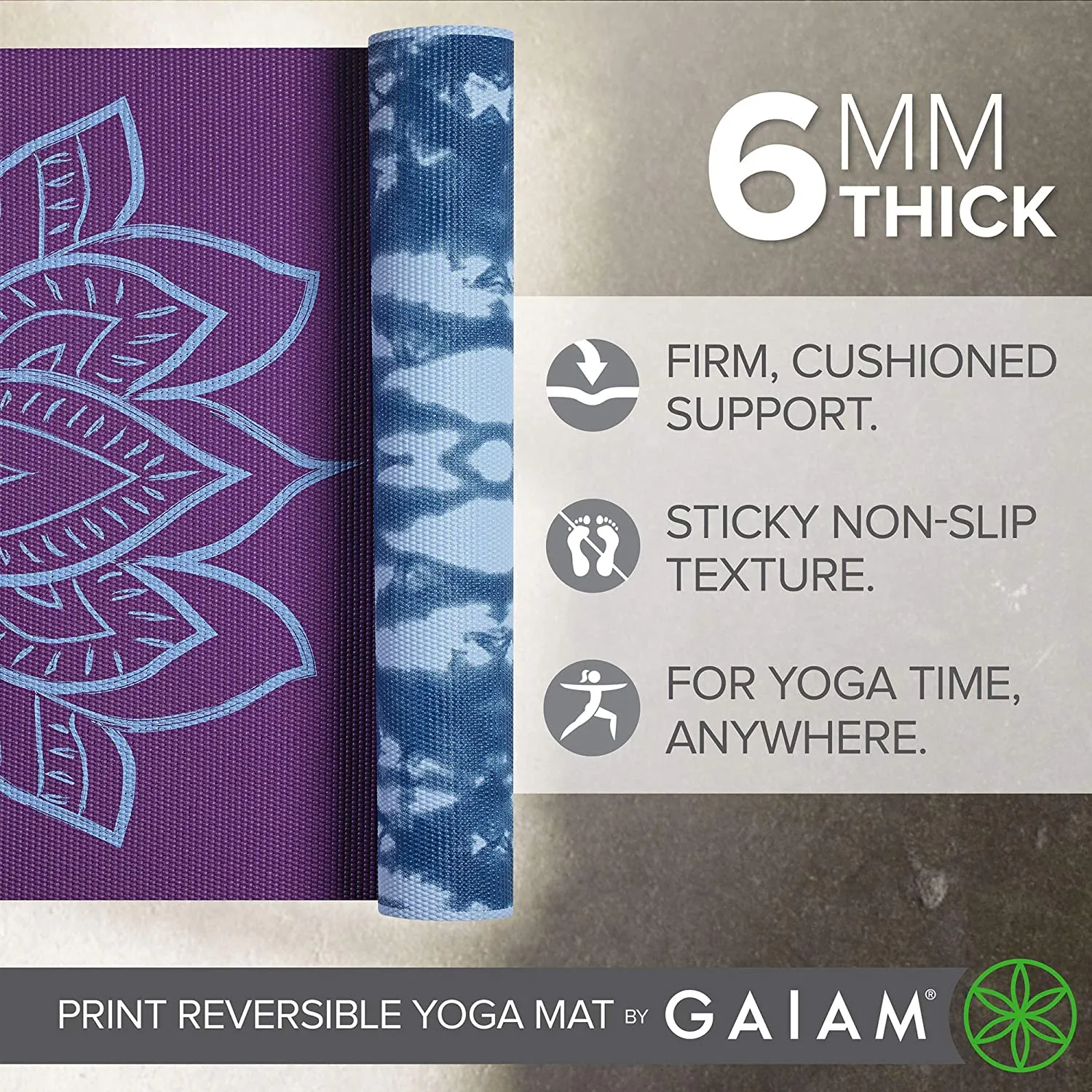 New in package! Gaiam Premium Print Reversible Yoga Mat, Purple Lotus! Retails $52 