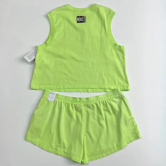 NIKE Women's Sportswear Wash Tank Top   Shorts Set Patch Ghost Green Lime Sz 2X