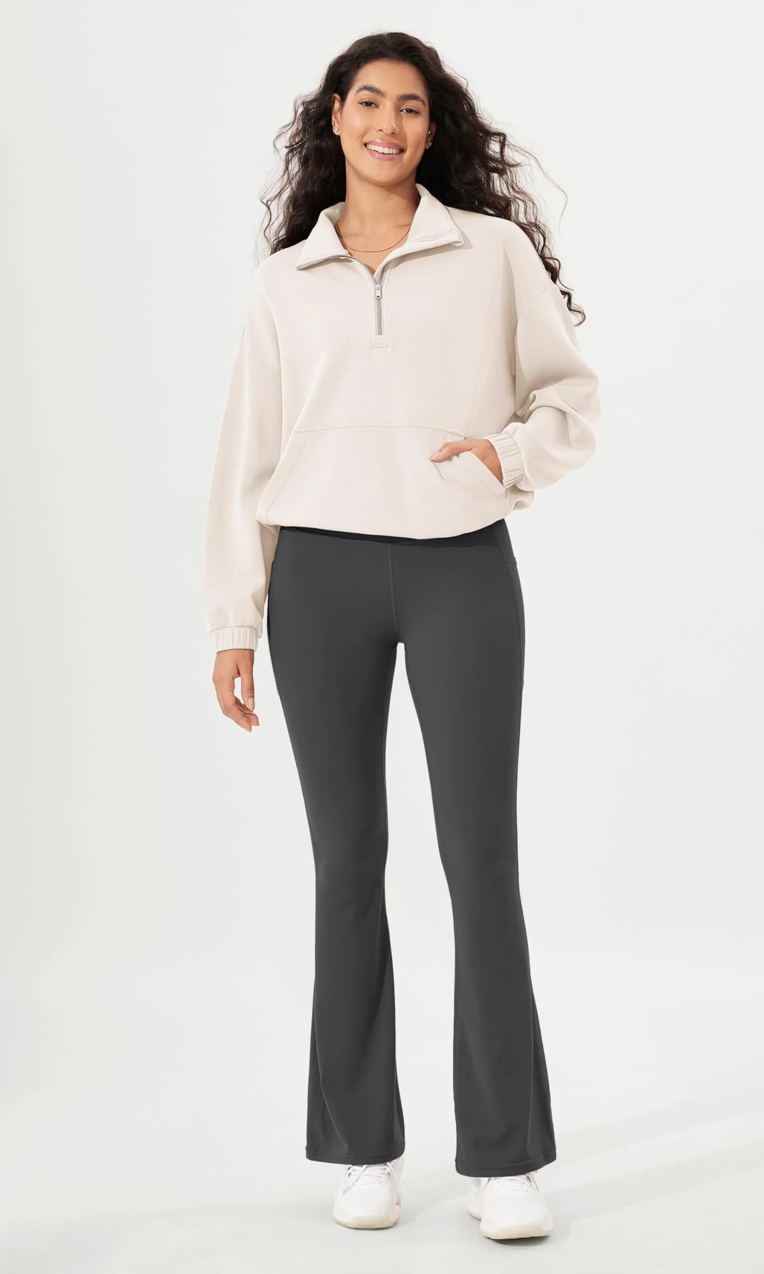 ODODOS Cloud Feeling Flared Pants with Pocket for Women High Waist Casual Bootcut Yoga Pants, 30" Inseam, Charcoal, Large