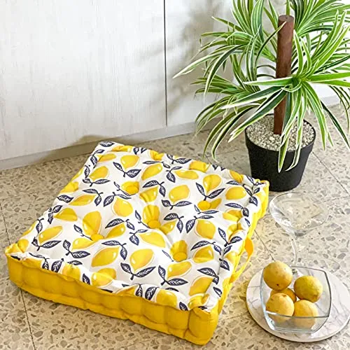 PIXEL HOME DECOR © Check Cotton with Cotton Filler Square Floor Cushions for Meditation, Yoga, Pooja, Guests, Living Room, Bedroom (SQUEEZY Lemon, 40 x 40 x 8 cm)