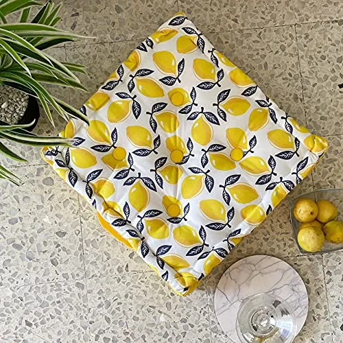 PIXEL HOME DECOR © Check Cotton with Cotton Filler Square Floor Cushions for Meditation, Yoga, Pooja, Guests, Living Room, Bedroom (SQUEEZY Lemon, 40 x 40 x 8 cm)