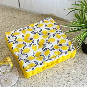 PIXEL HOME DECOR © Check Cotton with Cotton Filler Square Floor Cushions for Meditation, Yoga, Pooja, Guests, Living Room, Bedroom (SQUEEZY Lemon, 40 x 40 x 8 cm)