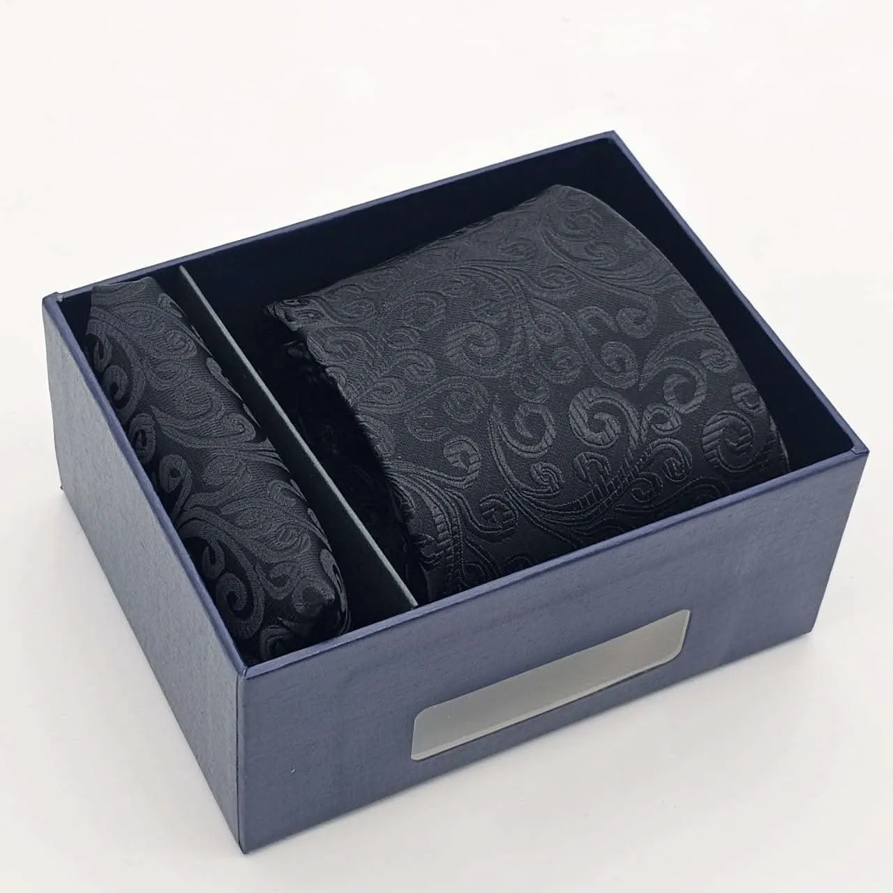 Regal Black Embroidered Swirl Tie with Pocket Square