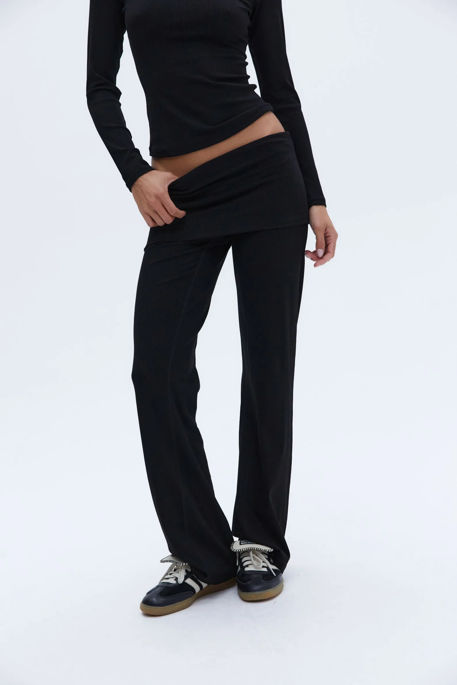 Rib Fold Over Pants - Black