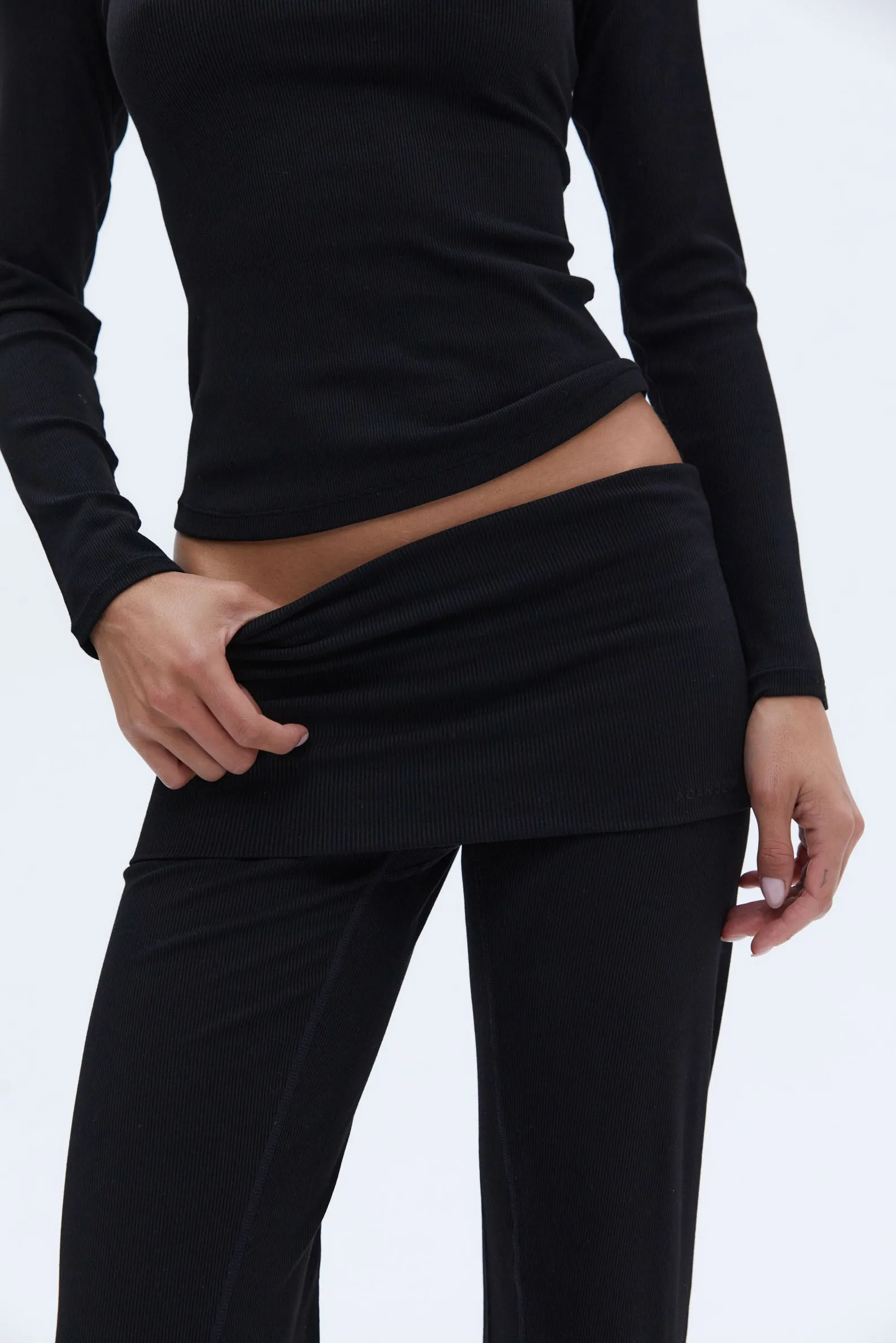 Rib Fold Over Pants - Black
