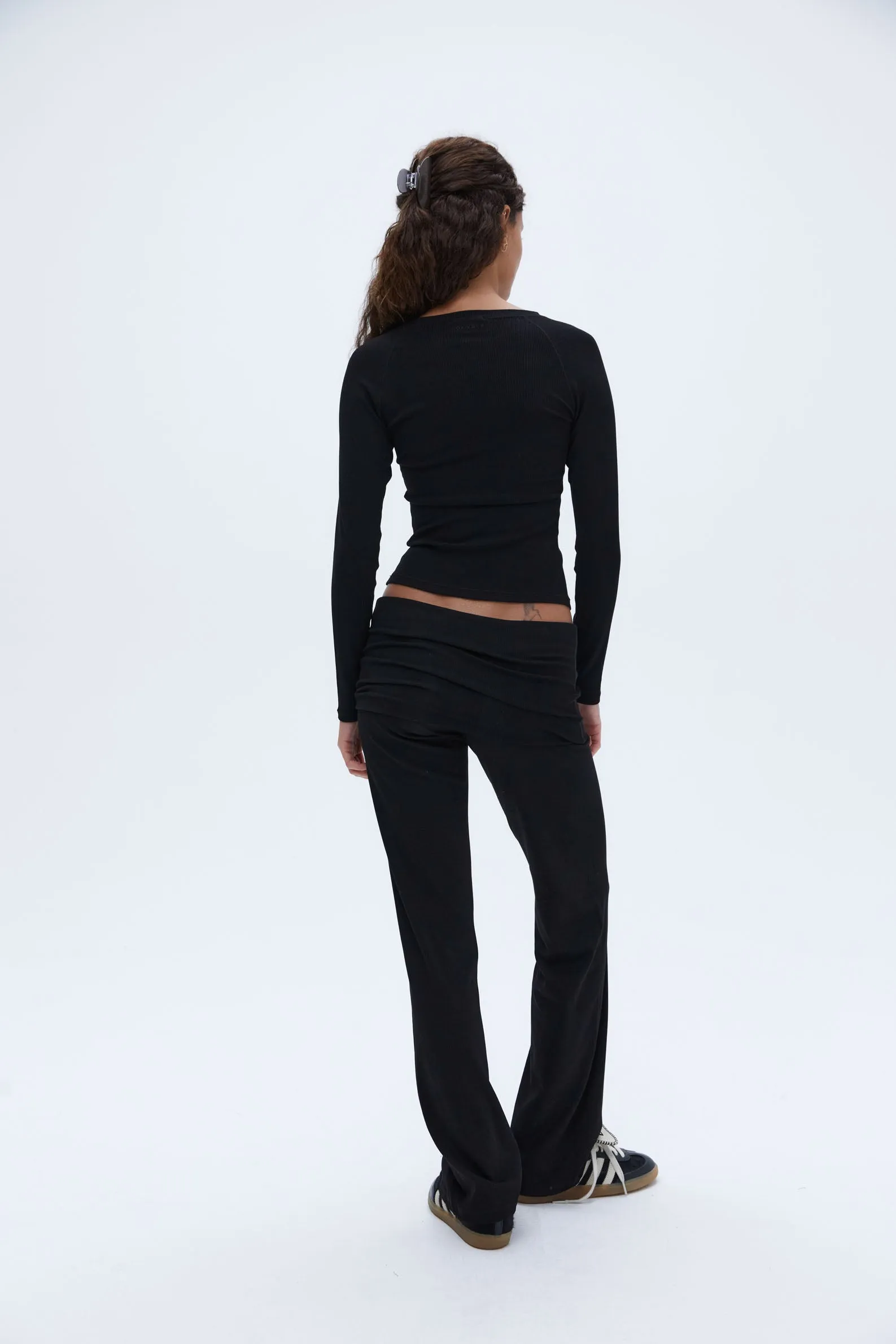 Rib Fold Over Pants - Black