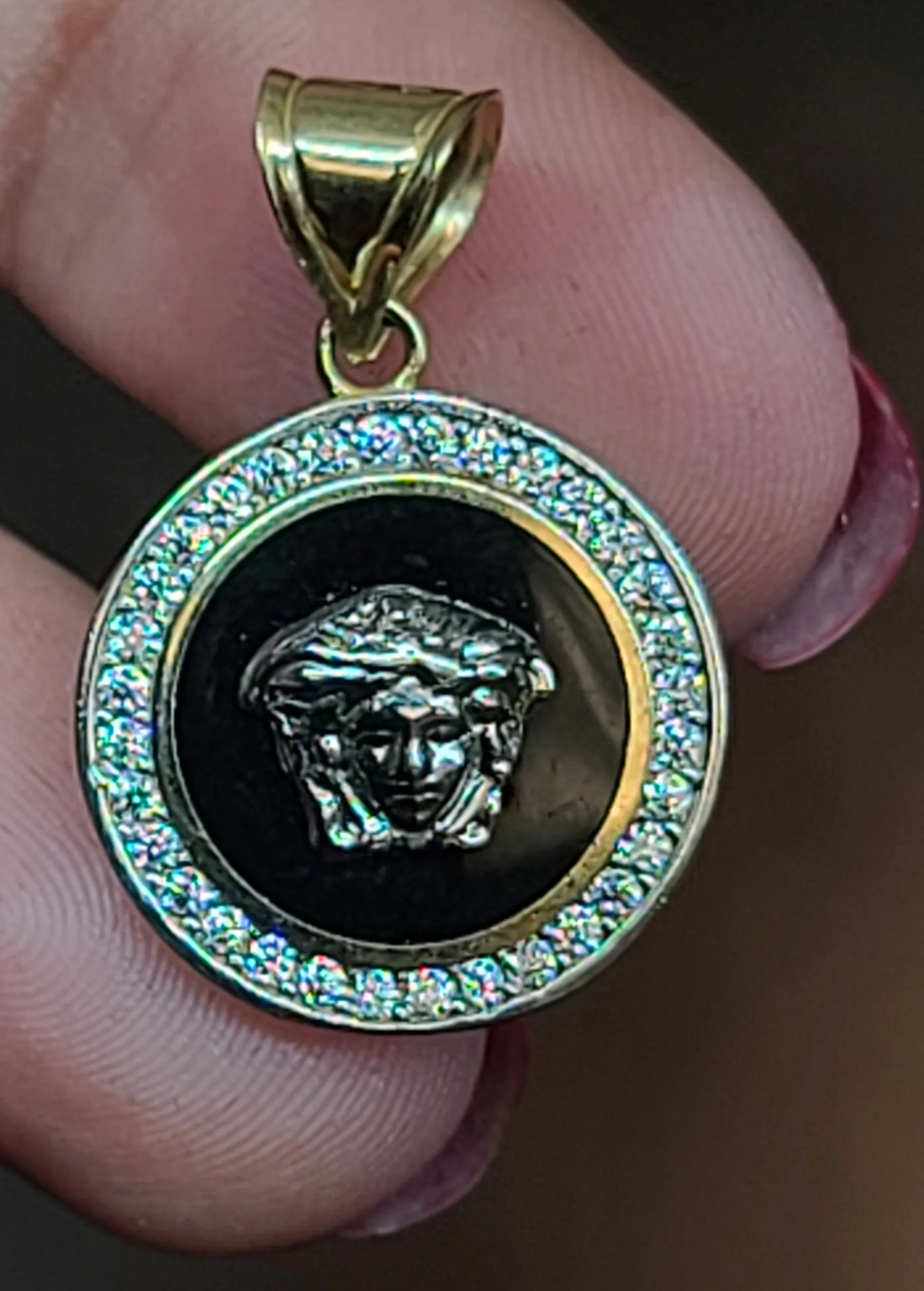 Small Yellow Gold Pendant with CZs and Reflective Background