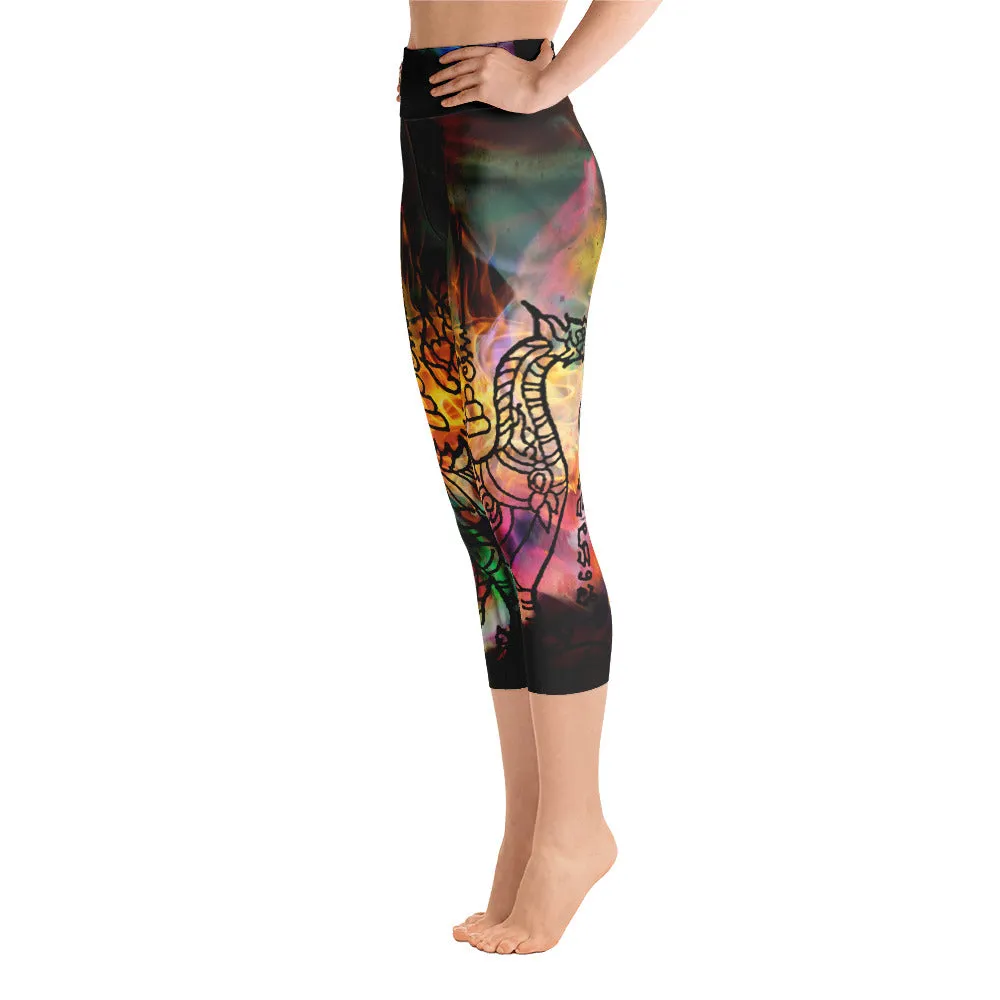 Thai Buddhist Tattoo Colorful Flames Capri Yoga Pants