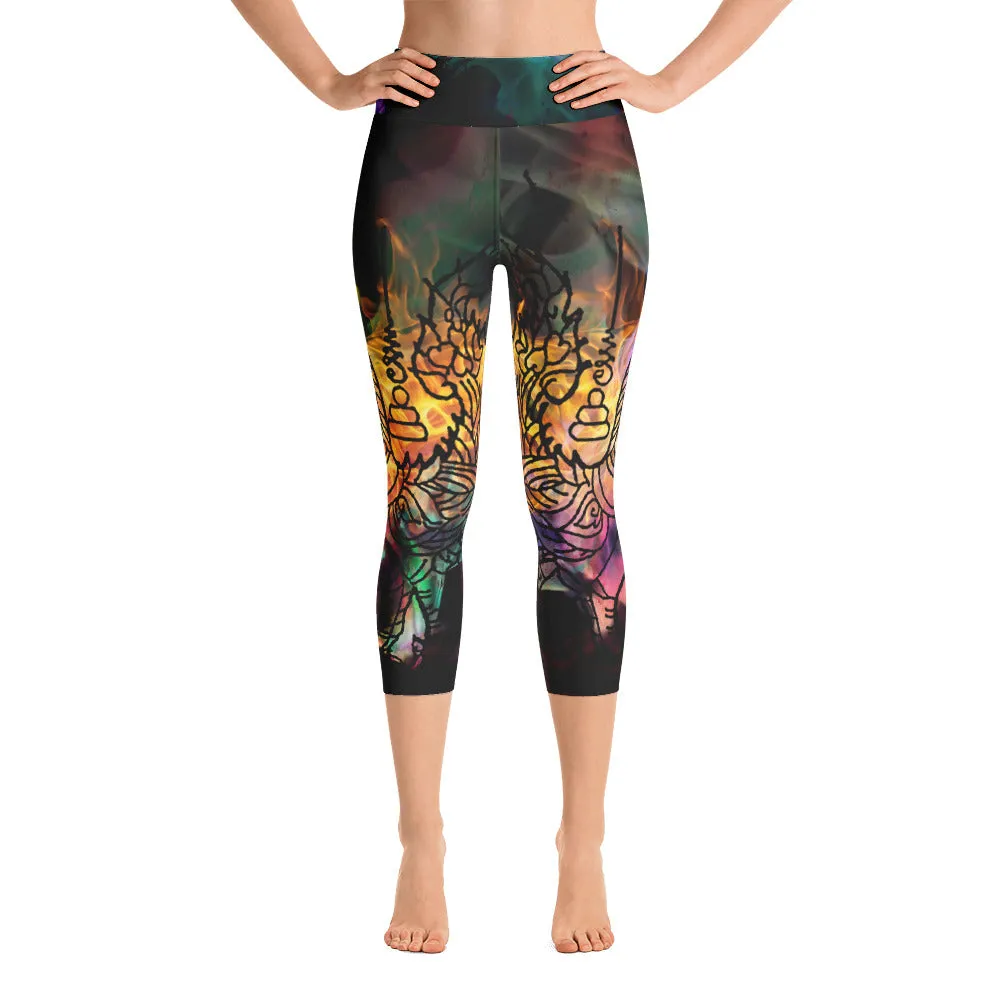Thai Buddhist Tattoo Colorful Flames Capri Yoga Pants
