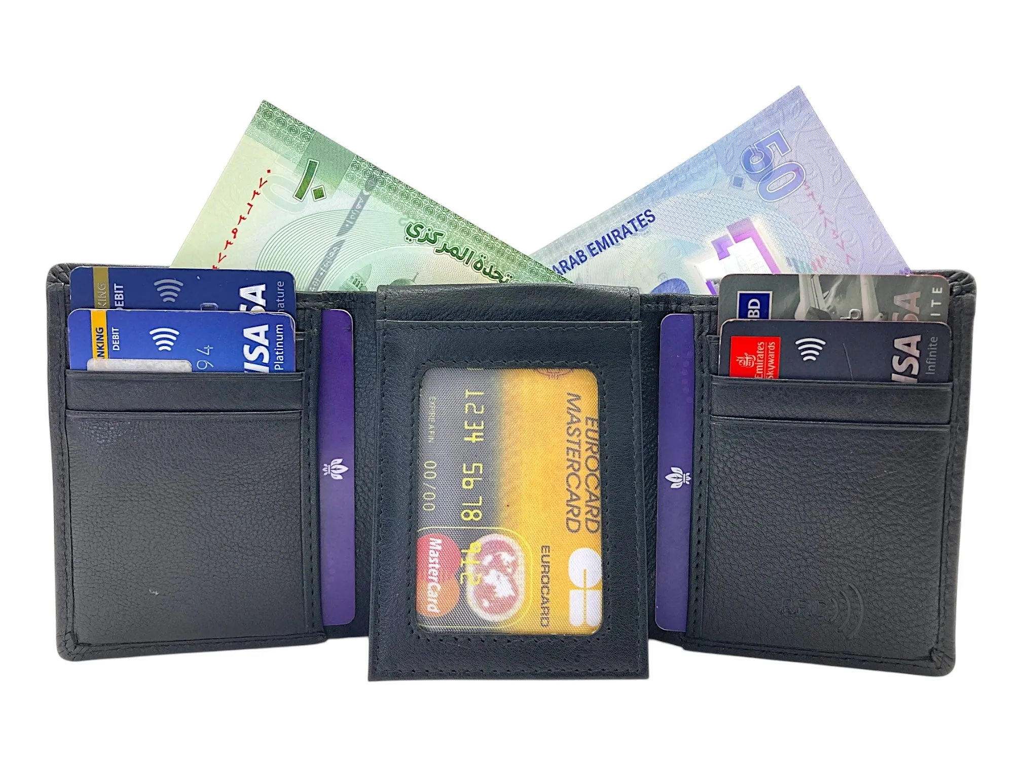 Trifold Wallet RFID Slim Wallets 10 Card Double Stitch # 1159 [Elastic]