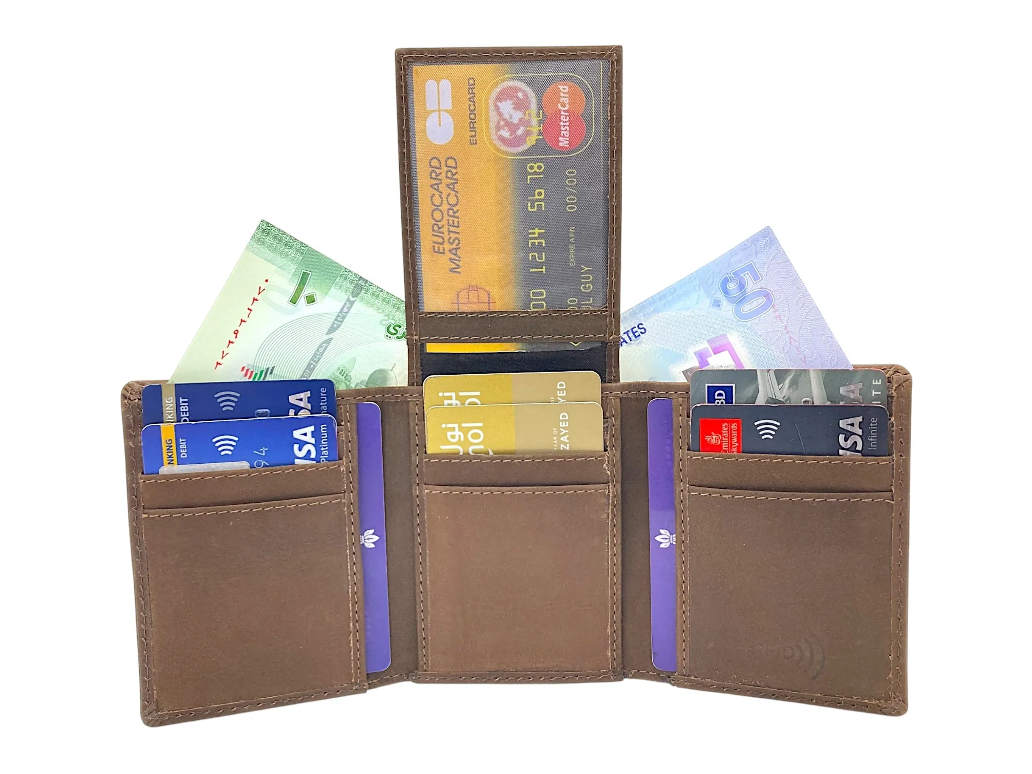 Trifold Wallet RFID Slim Wallets 10 Card Double Stitch # 1159 [Elastic]